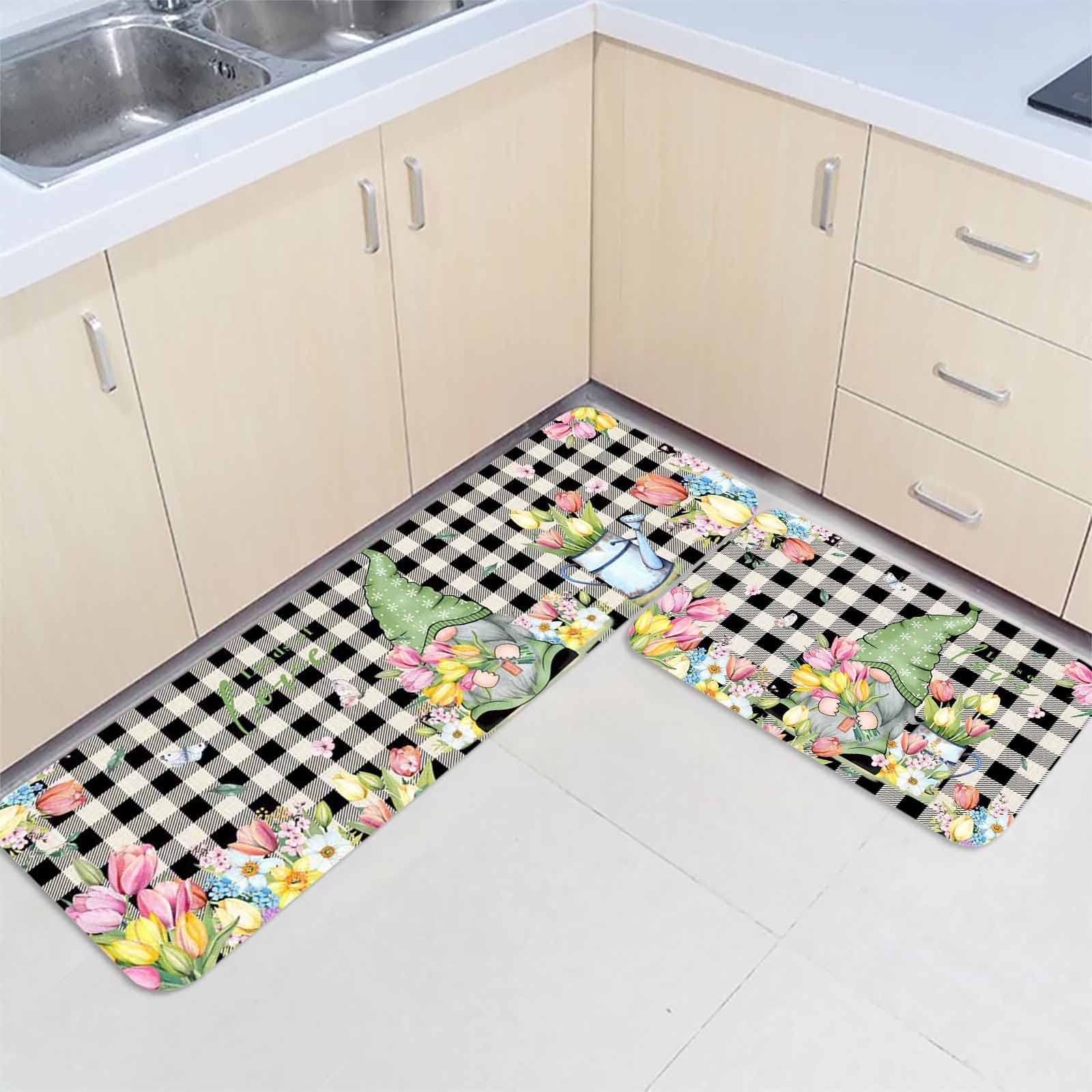 Non-Slip Kitchen Mat Set of 2 - Spring Tulip Gnome & Honey Daisy Flower Design, Absorbent Floor Rugs for Kitchen & Bathroom - Perfect for High-Traffic Areas, Sink & Stove Protection