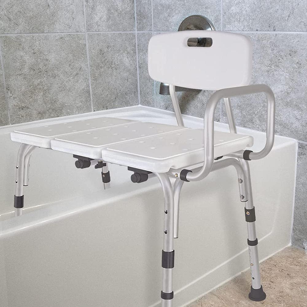 Adjustable Aluminum Alloy Shower Transfer Bench with Backrest - 3 Blow Molding Plates, Non-Slip Shower Chair for Elderly & Disabled - White | Bathroom Safety for Seniors, Post-Surgery Recovery & Accessible Showering