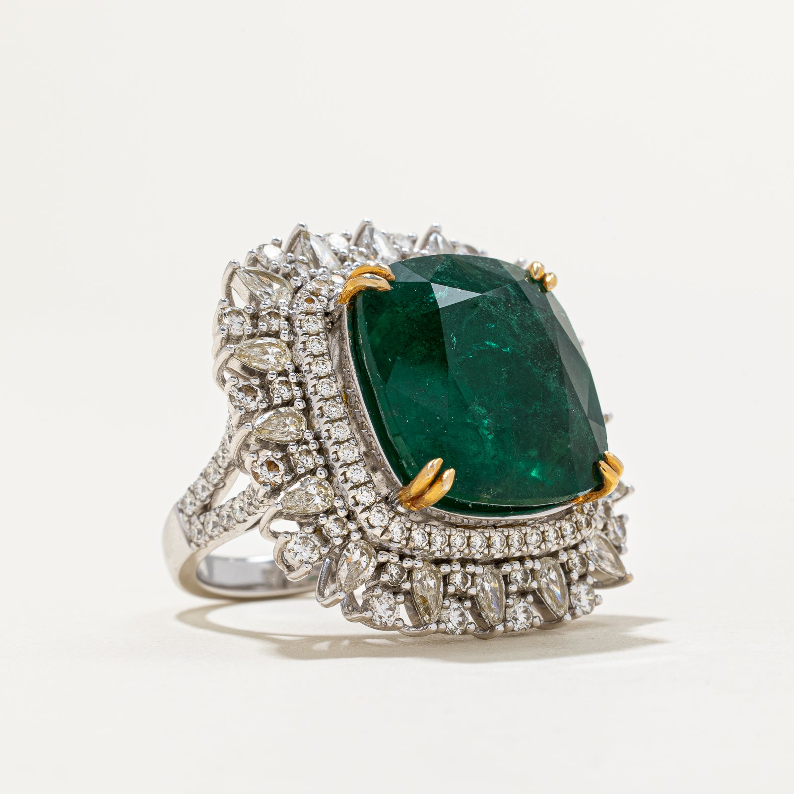 18K White Gold Emerald and Diamond Cocktail Ring - 17.37ct Natural Emerald & 1.87ctw Diamonds | Size 7.25 | Elegant Party Jewelry for Women, Perfect for Evening Events, Weddings & Special Occasions
