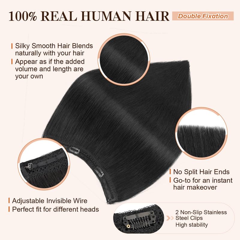 100% Real Human Hair Halo Extensions 18 Inch 65g - Natural Black Hairpiece for Women | Perfect for Weddings, Parties & Daily Styling