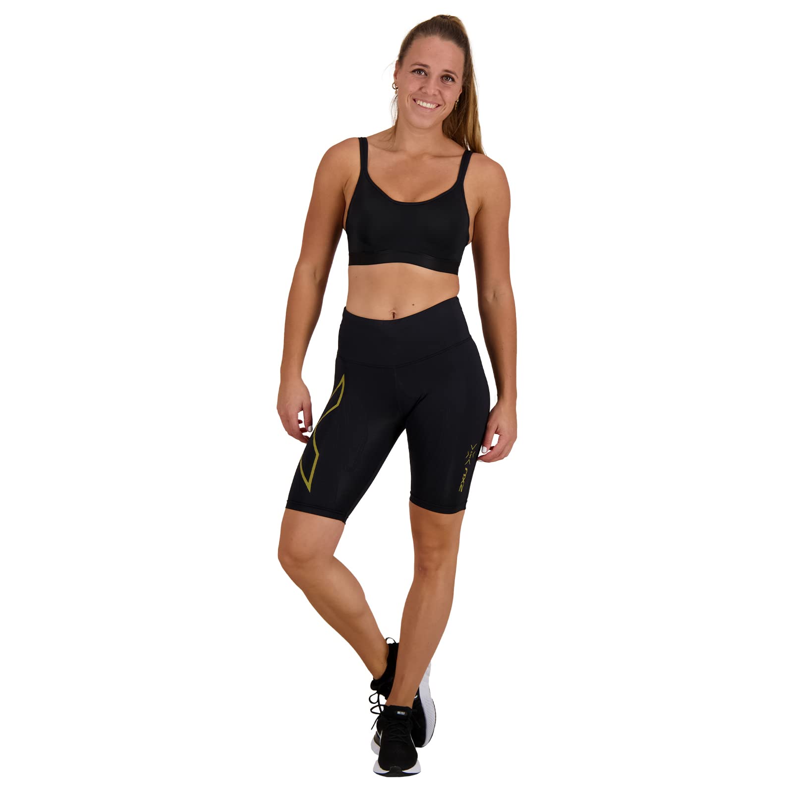 2XU Light Speed Mid-Rise Compression Shorts for Men & Women - Black/Gold Reflective - Size SM - Performance Running, Gym Workout & Athletic Training Shorts
