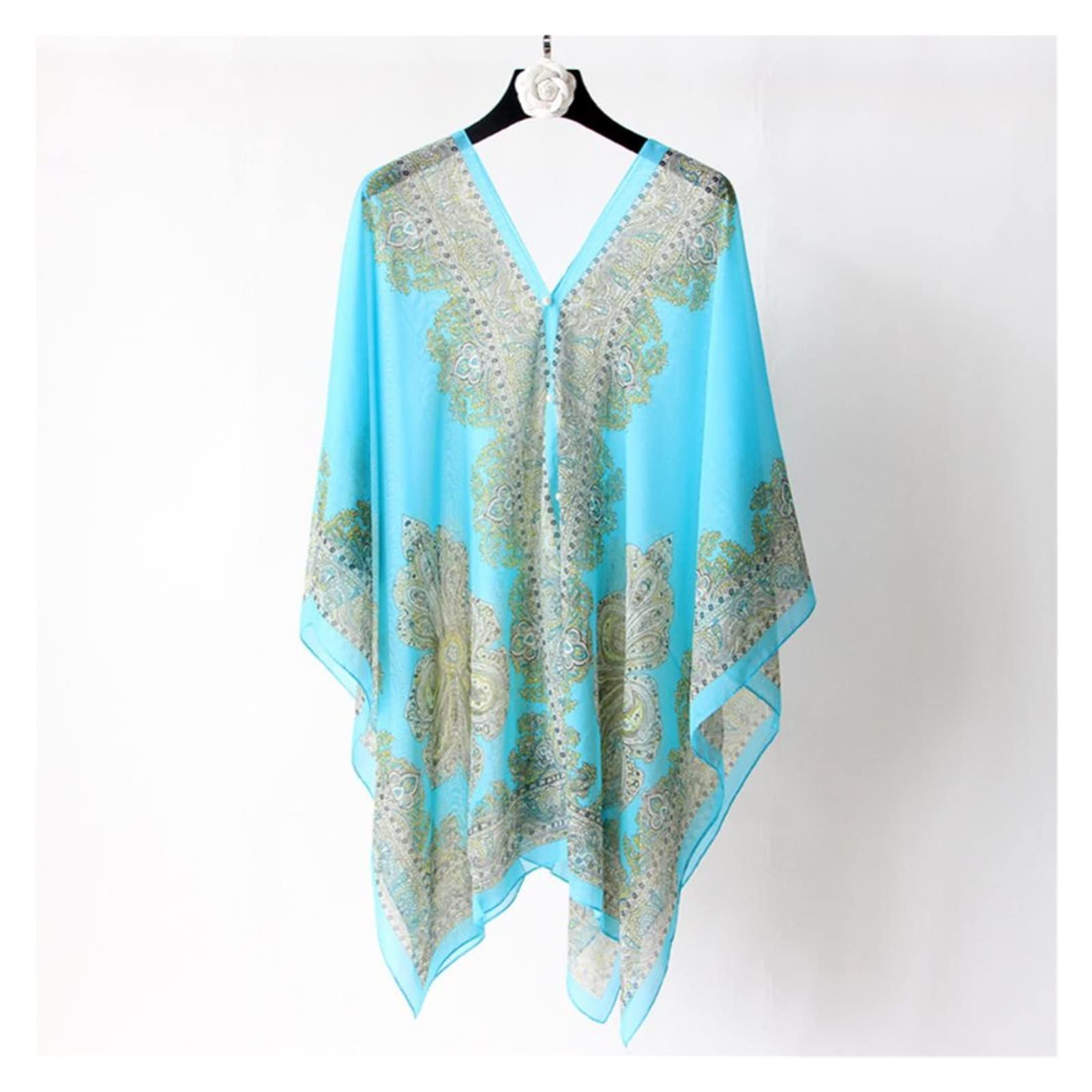 Women's Summer Beach Cover Up - Loose Chiffon Bikini Blouse Shawl with Buttons | Lightweight Swimwear Wrap | Perfect for Poolside, Vacation & Resort Wear (Color: Blue, Size: One Size)