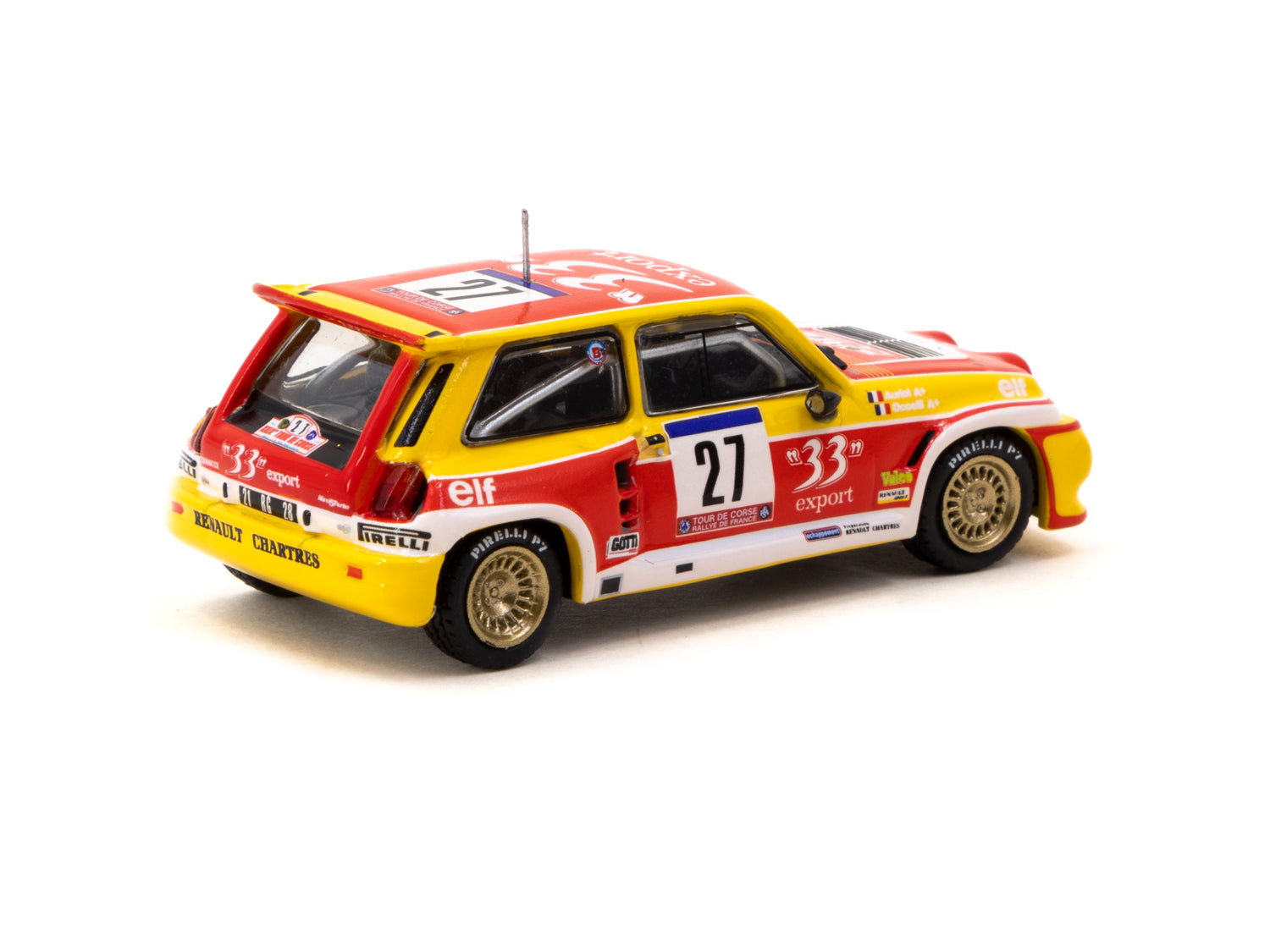 Tarmac Works 1/64 Scale Renault 5 MAXI Turbo Rally Car - Tour de Corse France 1985 #27 Diecast Model - Collectible Hobby64 for Car Enthusiasts & Display in Home Office or Man Cave