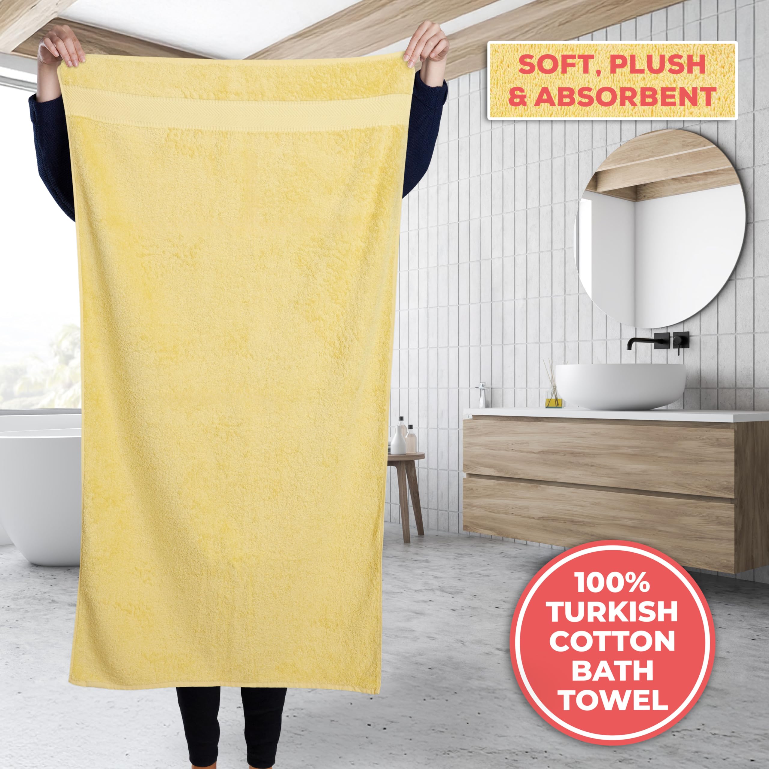 Premium 6-Piece Turkish Cotton Bath Towel Set - 100% Organic Cotton, Ultra Soft & Highly Absorbent (2 Bath Towels, 2 Hand Towels, 2 Washcloths) - Luxury Bathroom Towels for Spa, Hotel, Home & Gifts - Yellow