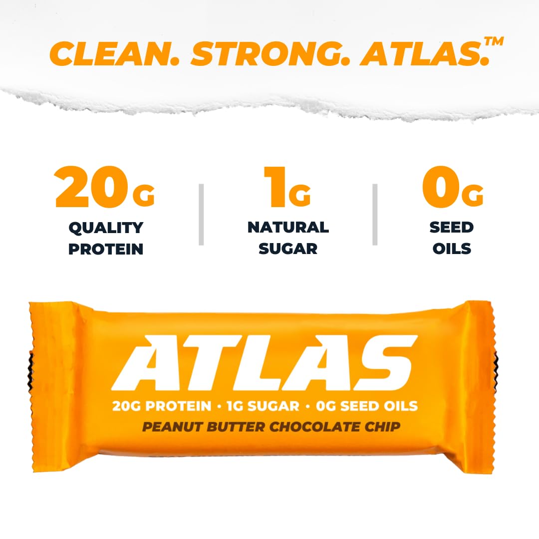 Atlas Protein Bar - High Protein 20g, Low Sugar 1g, Gluten Free, Clean Ingredients - Peanut Butter Chocolate Chip Flavor (Pack of 2, 24 Bars Total) - Perfect for Post-Workout Recovery, Healthy Snacking & On-the-Go Nutrition