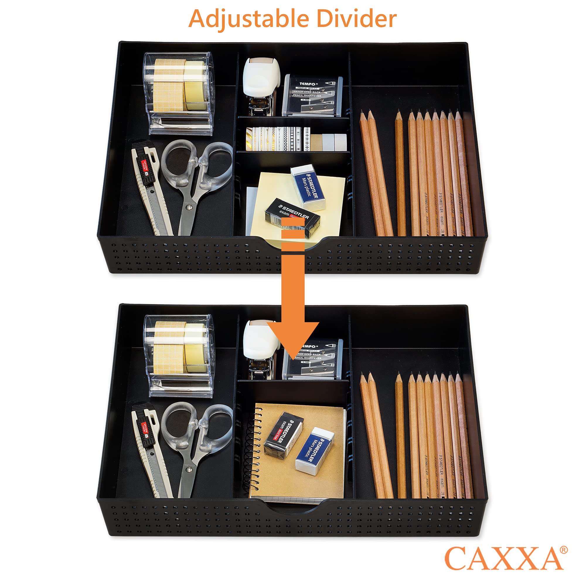 CAXXA 2 Pack 3 Slot Drawer Organizer with Adjustable Dividers - Black Desk Drawer Storage for Office Supplies, Kitchen Utensils & Home Organization | Perfect for Office, Kitchen & Bathroom Organization