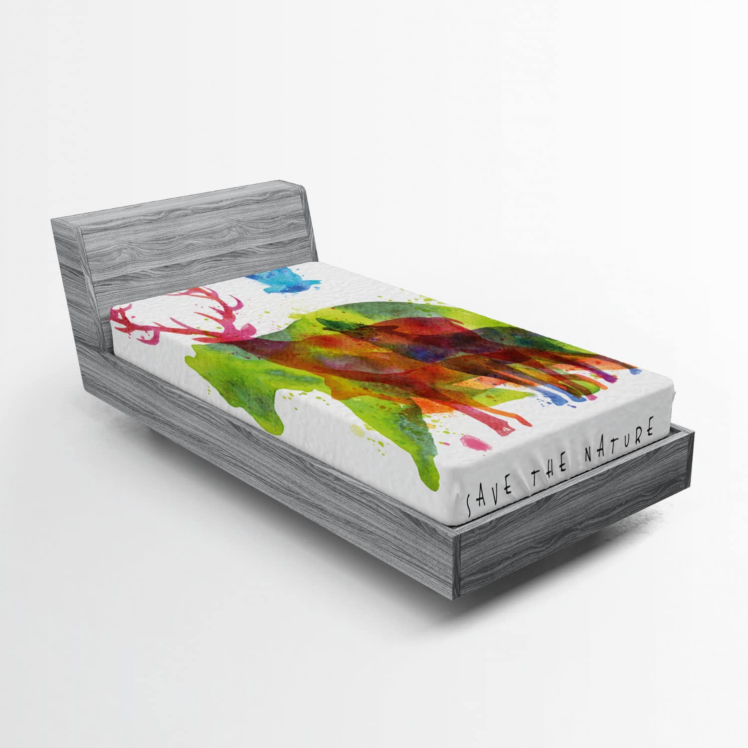 Ambesonne Animal Print Fitted Sheet - Twin XL Size, Alaska Wild Animals Bears Wolves Eagles Deer Abstract Design, Deep Pocket All-Around Elastic for Comfort, Multicolor | Perfect for Kids' Rooms, Guest Beds & Dorm Decor