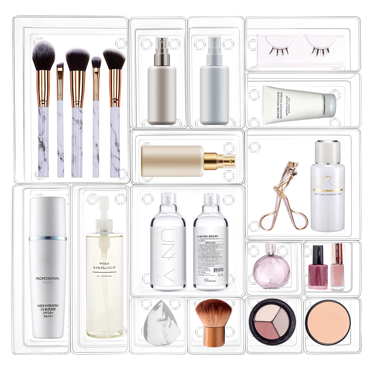16-Piece Clear Plastic Drawer Organizer Set - 5 Sizes for Makeup, Bathroom & Kitchen Storage | Space-Saving Drawer Bins for Dresser, Vanity & Office Organization