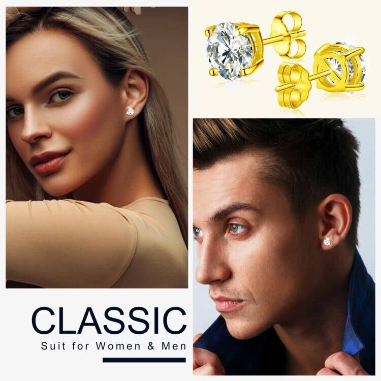 Moissanite Stud Earrings 0.2CT-8.0CT | Hypoallergenic D Color VVS1 Clarity Round Cut Lab Created Diamond Earrings | 18K Gold Plated & 925 Sterling Silver | Anniversary Gift for Women & Men | Perfect for Weddings, Date Nights & Special Occasions