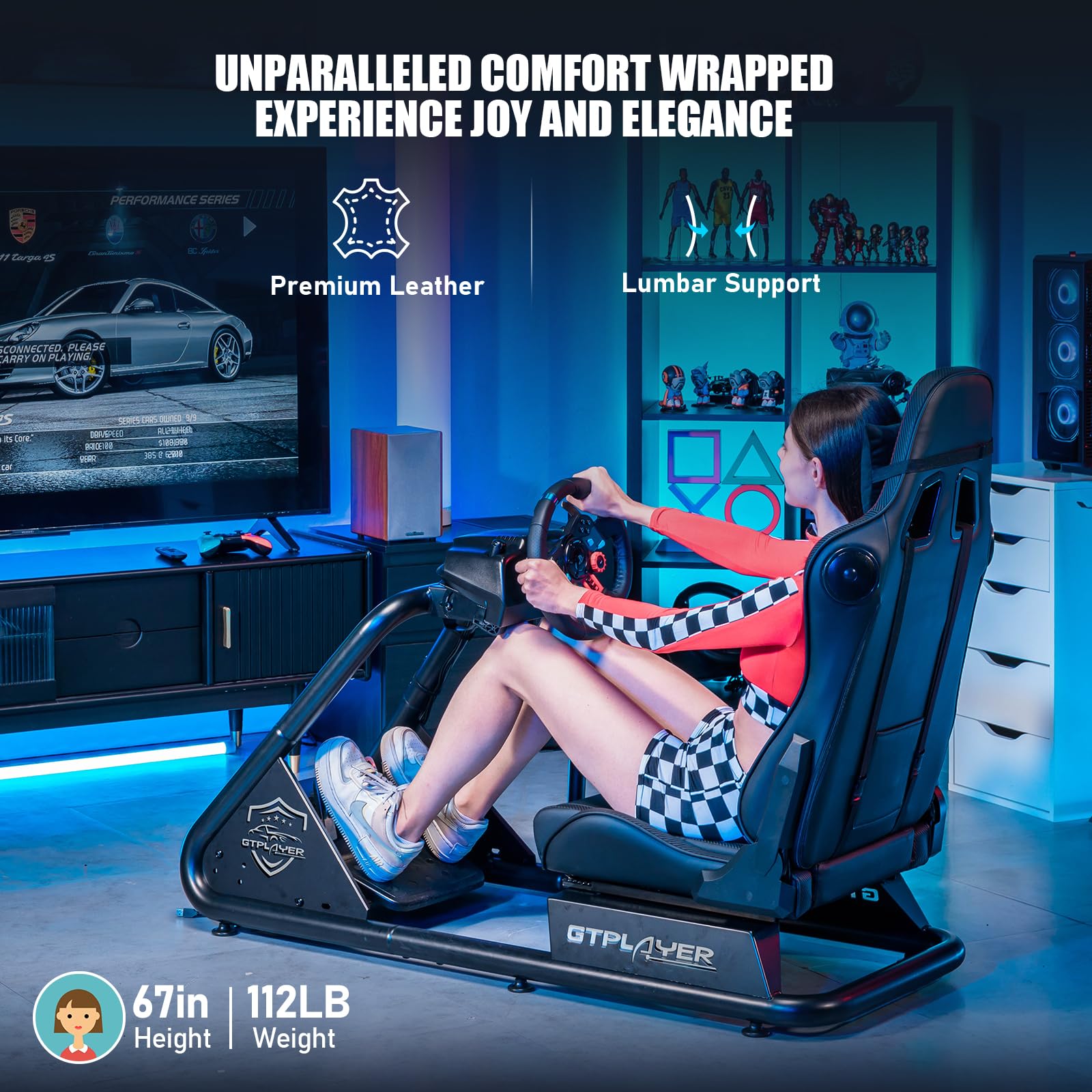 GTPLAYER Racing Simulator Cockpit with Adjustable Seat & Bluetooth Speakers - Ultra-Sturdy Alloy Steel Frame for Realistic Driving Experience - Perfect for PC/PS4/PS5/Xbox Racing Games & Home Entertainment Setup (Black)