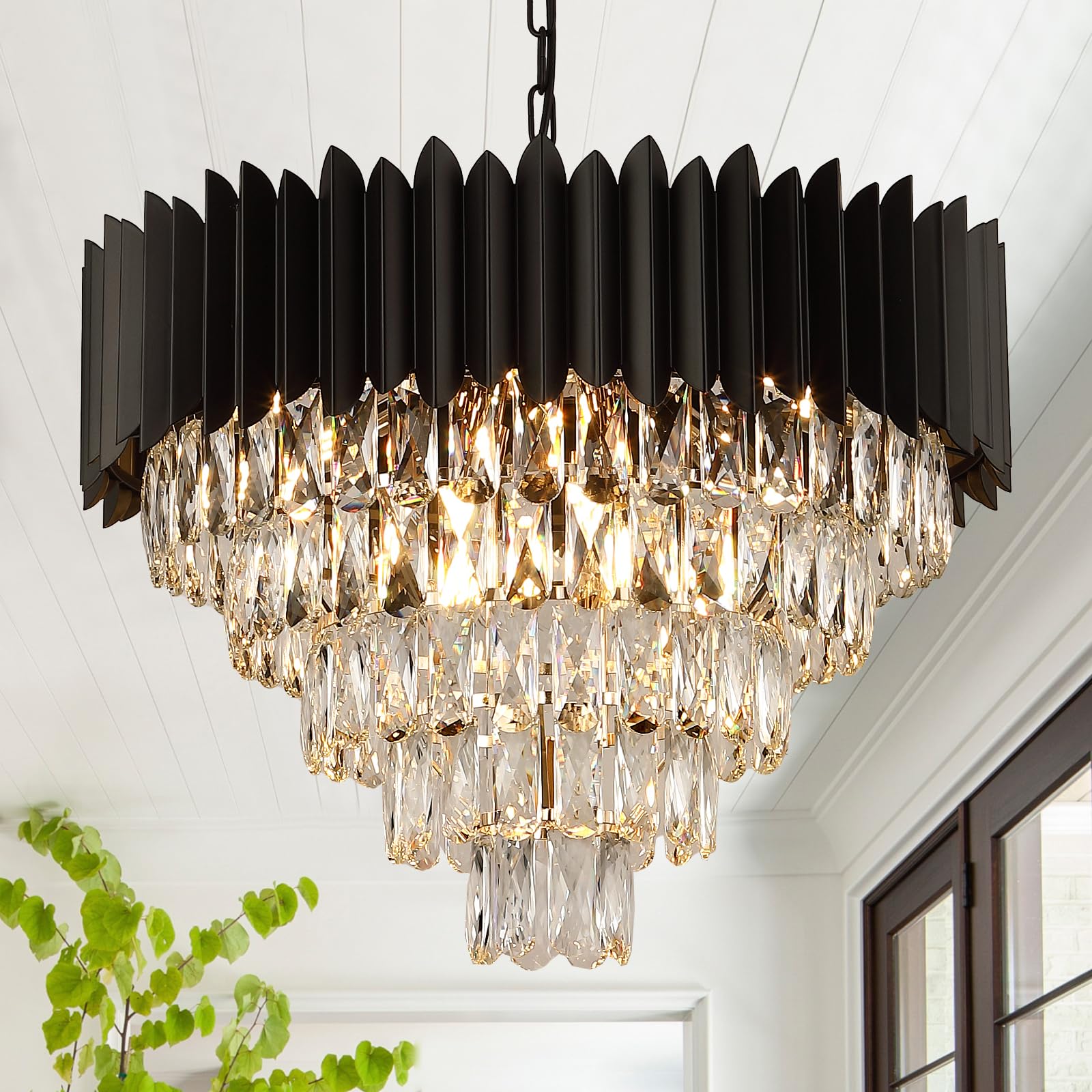 Modern Black Crystal Chandelier - 24 Inch Round Dimmable Ceiling Light Fixture with 12 Lights & 5-Tier Raindrop Design for Living Room, Dining Room, Bedroom, Foyer - Elegant Luxury Lighting for Home Decor, Wedding Venues and Hotel Lobbies