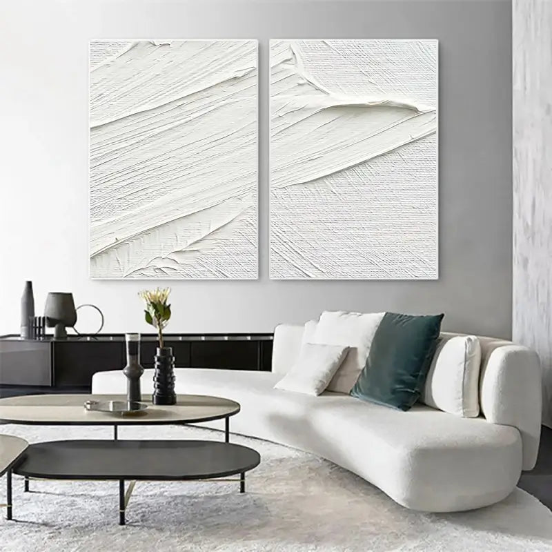 Minimalist White Textured Canvas Paintings - Set of 2 Modern Abstract Wall Art for Living Room & Bedroom Decor #MM052