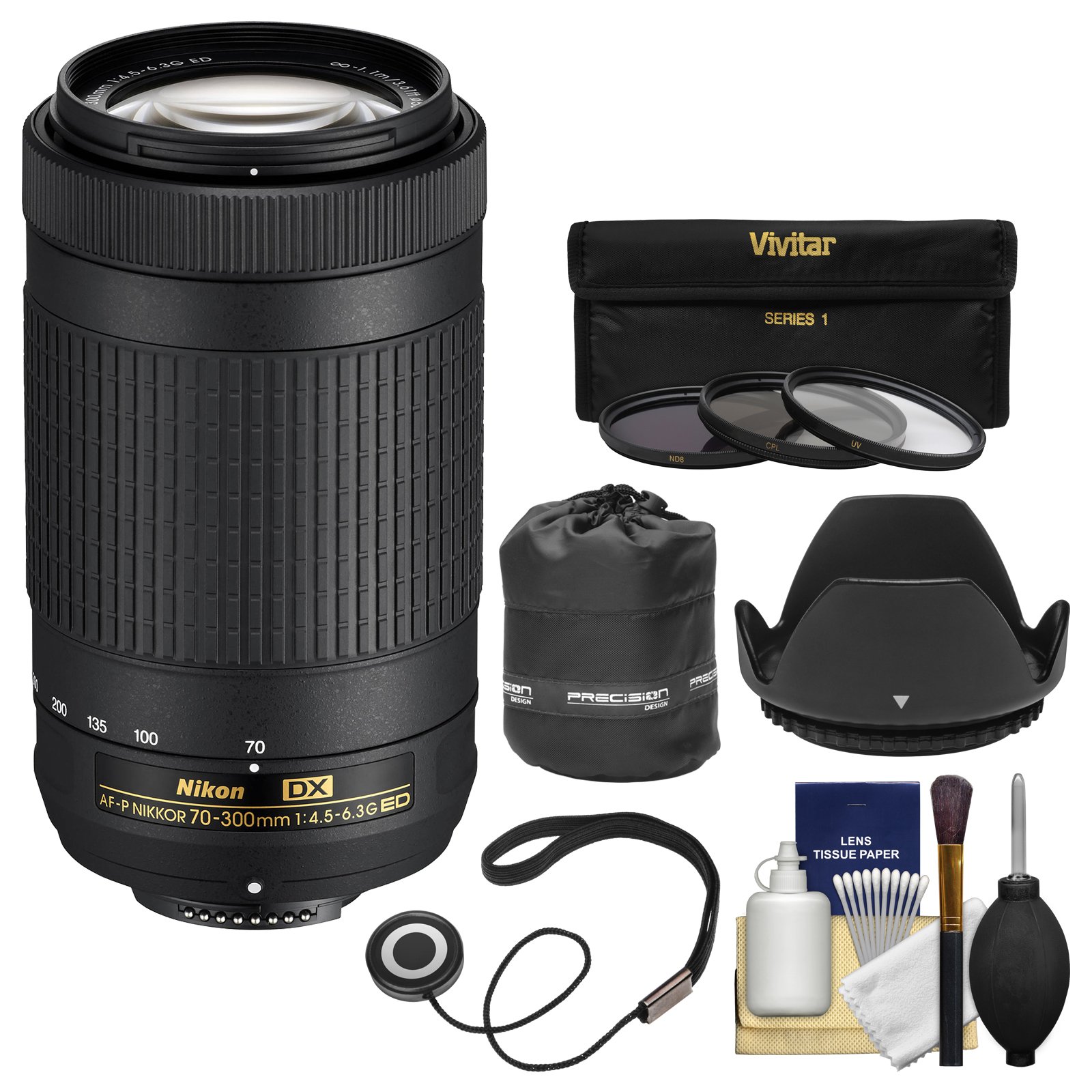 Nikon 70-300mm f/4.5-6.3G DX AF-P ED VR Zoom Lens with 3 Filters, Lens Hood & Pouch Kit - Compatible with D3300, D3400, D5500, D7100, D7200 DSLR Cameras - Perfect for Wildlife, Sports & Travel Photography