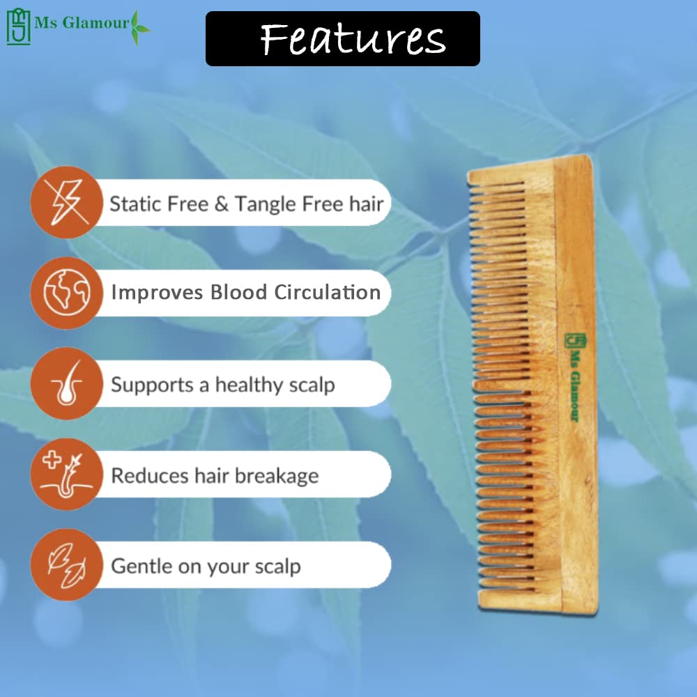 MS Glamour Pure Neem Wooden Comb for Hair Growth & Dandruff Control | Natural Hair Straightening Comb Treated with Neem Oil | Perfect for Daily Hair Care & Scalp Massage at Home
