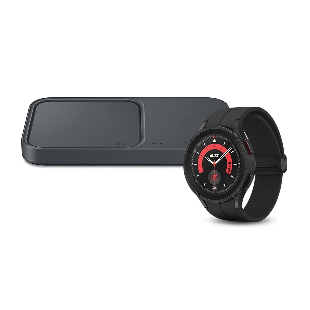 SAMSUNG Galaxy Watch 5 Pro 45mm LTE Smartwatch with Body, Health & Sleep Tracker - Black Band + 15W Wireless Charger Duo & USB-C Cable Bundle - Super Fast Charging Pad for Fitness Enthusiasts & Active Lifestyles