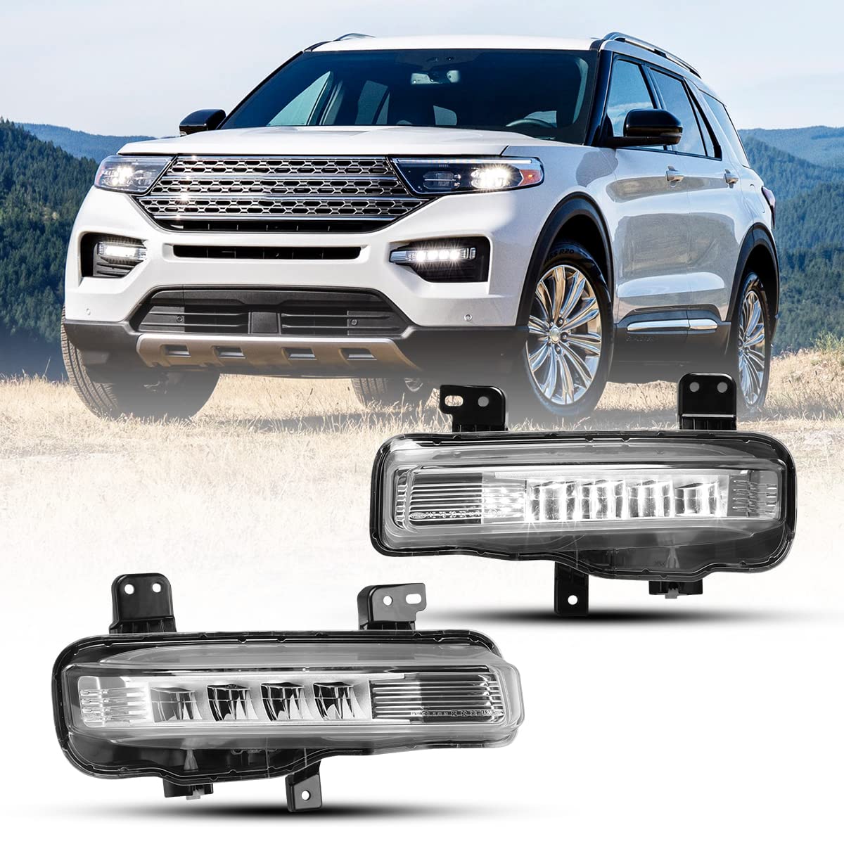 ROXX LED Fog Lights Assembly for 2020-2022 Ford Explorer - OEM Replacement Driving Fog Lamps with Wiring Kit & Switch (Driver & Passenger Side) - Perfect for Night Driving and Off-Road Adventures