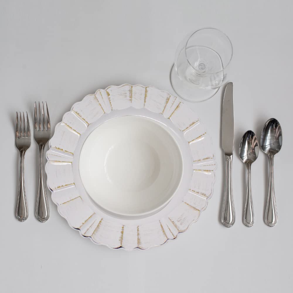 13 Inch Antique White Round Scalloped Charger Plates - Set of 6 Elegant Wedding Reception Dinner Plates for Table Decor, Party Decorations & Special Occasions