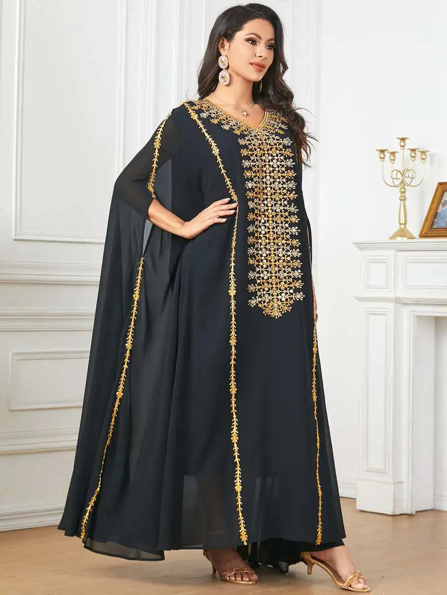 Elegant Eid Caftan Dress for Muslim Women - Flowy Chiffon Embroidery Maxi Dress - Perfect for Eid Celebrations, Weddings & Special Occasions