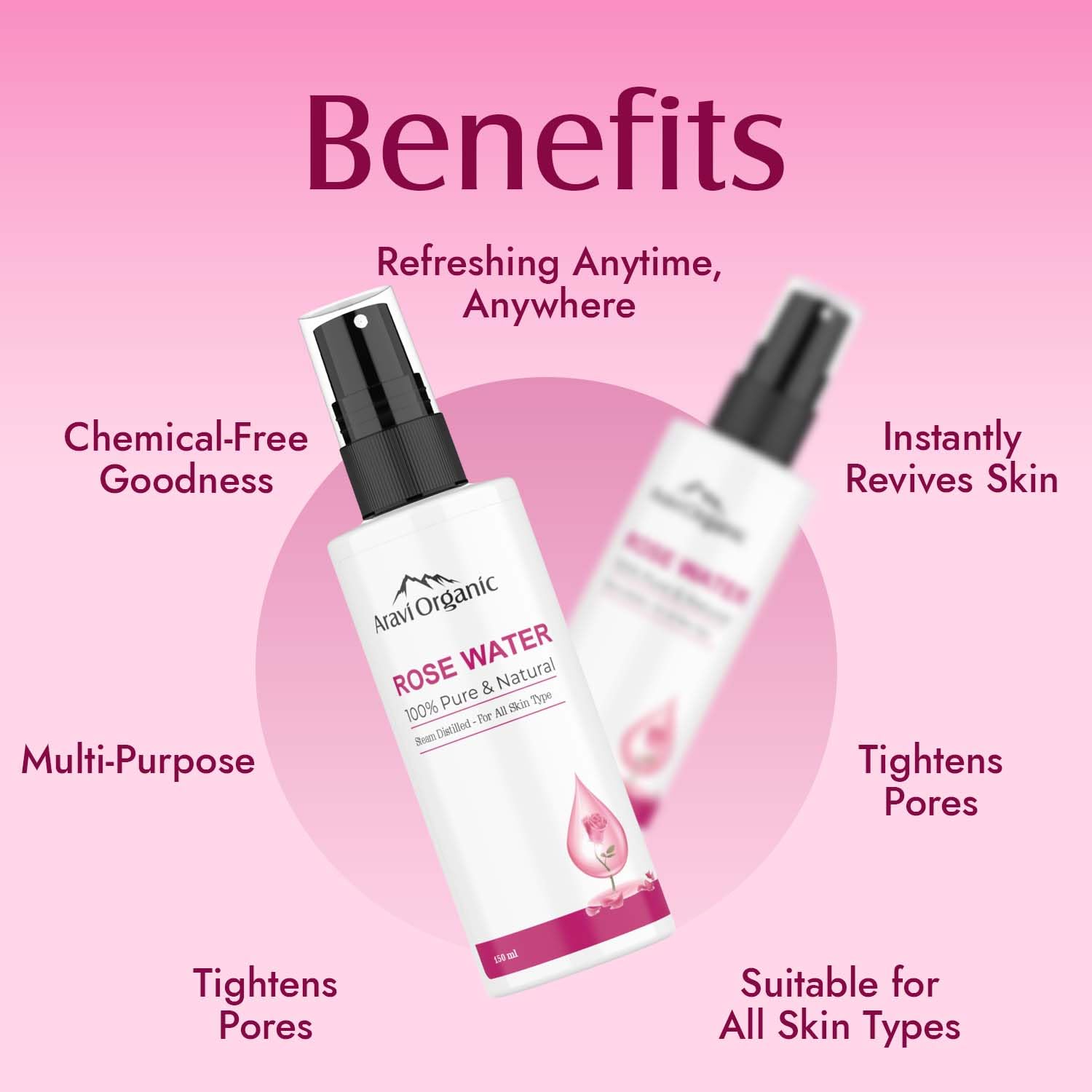Aravi Organic Pure & Natural Rose Water Face & Hair Toner - Steam Distilled Hydrating Facial Spray for Dry Skin - 150ml - Perfect for Daily Skincare Routine, Makeup Setting & Hair Refreshment
