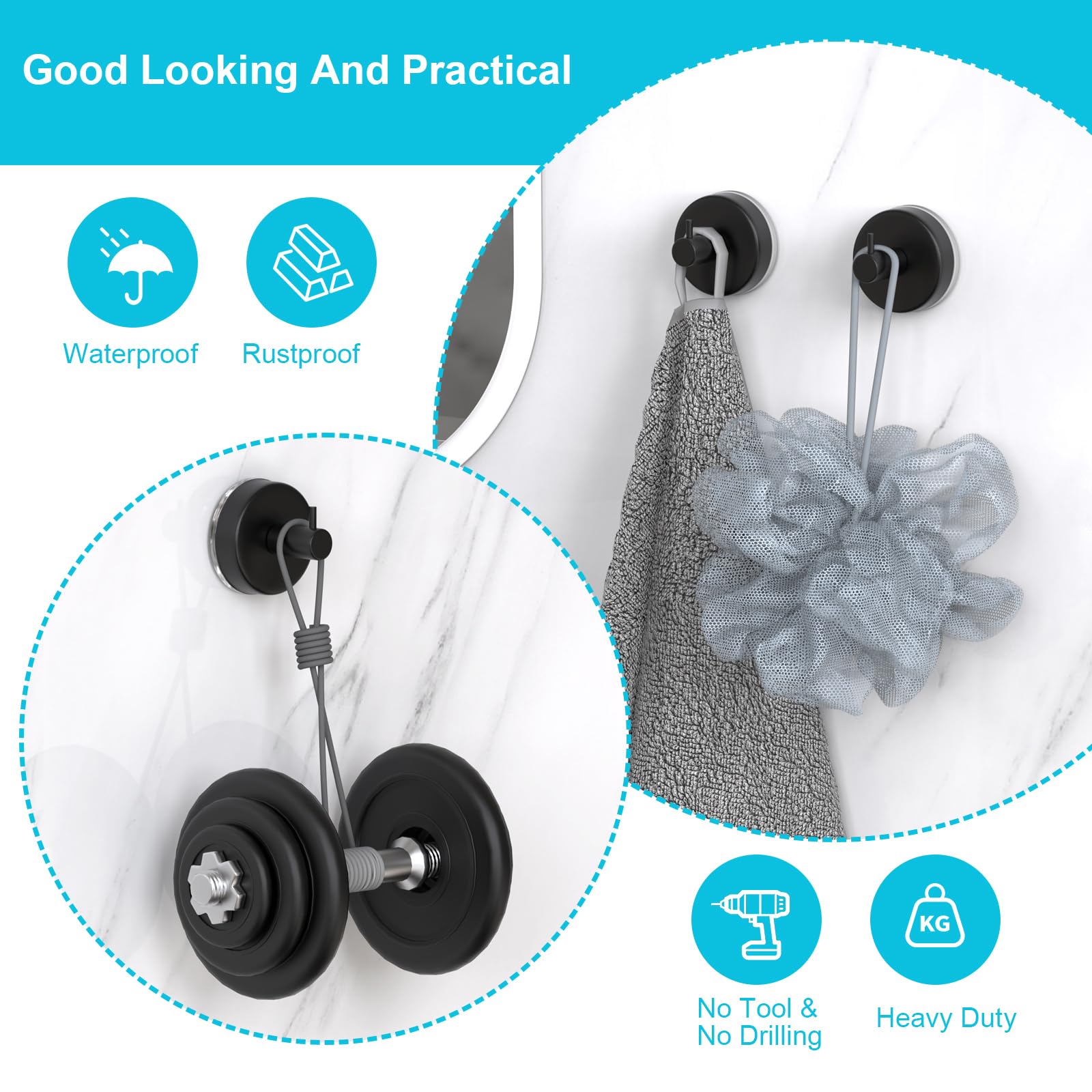 HUFEEOH 2-Pack Black Shower Towel Hooks - Removable Suction Cup Hooks for Bathroom & Kitchen