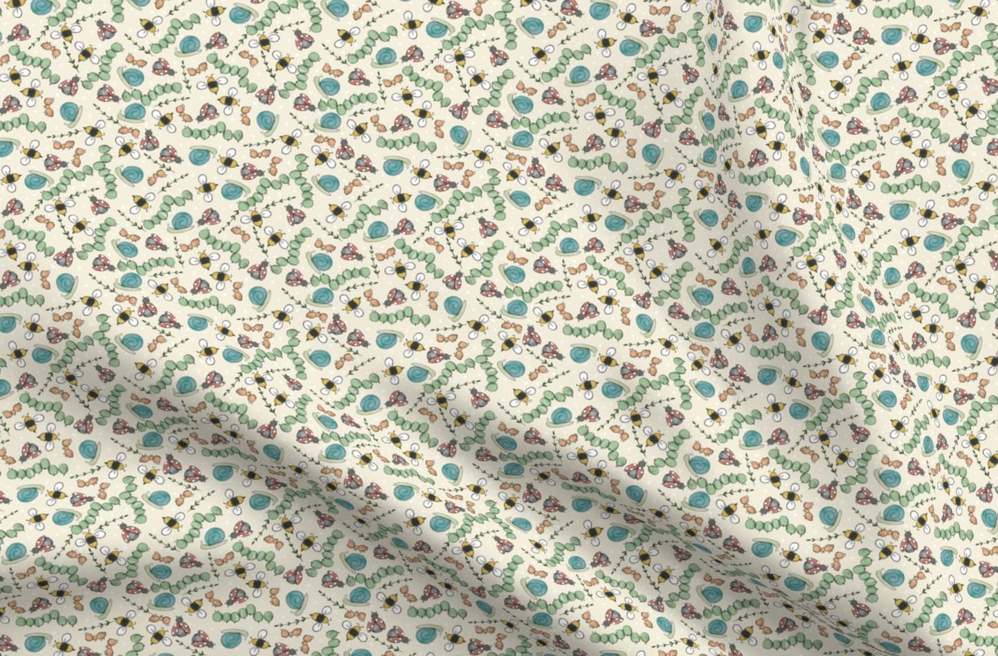 Spring Bugs Lady Bee Insects Caterpillar Nature Print Satin Fabric - Fat Quarter for Sewing, Lining, Apparel, Fashion, Blankets & Home Decor | DIY Crafts, Quilting, Dressmaking & Interior Design Projects