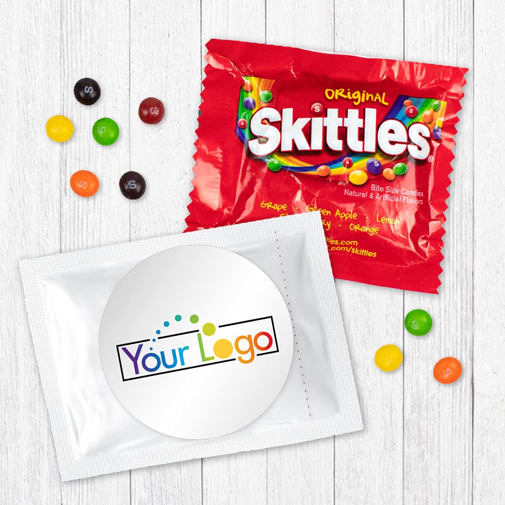 50 Pack White Fully Assembled Custom Logo Fun Size Candy Bags (3x4 inches) - Bulk Promotional Giveaways for Business Branding, Trade Shows & Party Favors