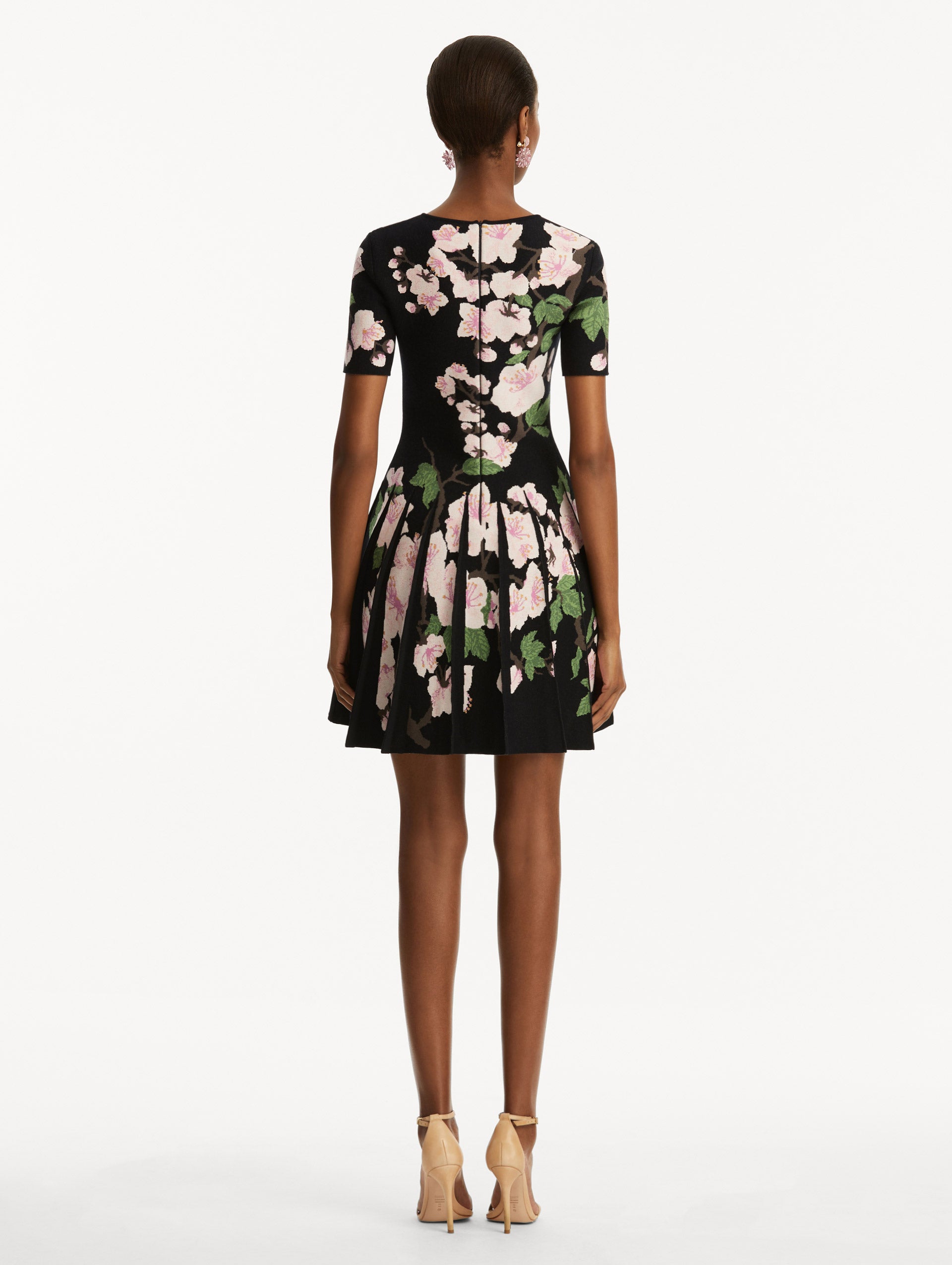 Elegant Cherry Blossom Pleated Jacquard Dress for Women - Floral Print Party & Wedding Guest Dress - Spring Summer Formal Occasion Wear
