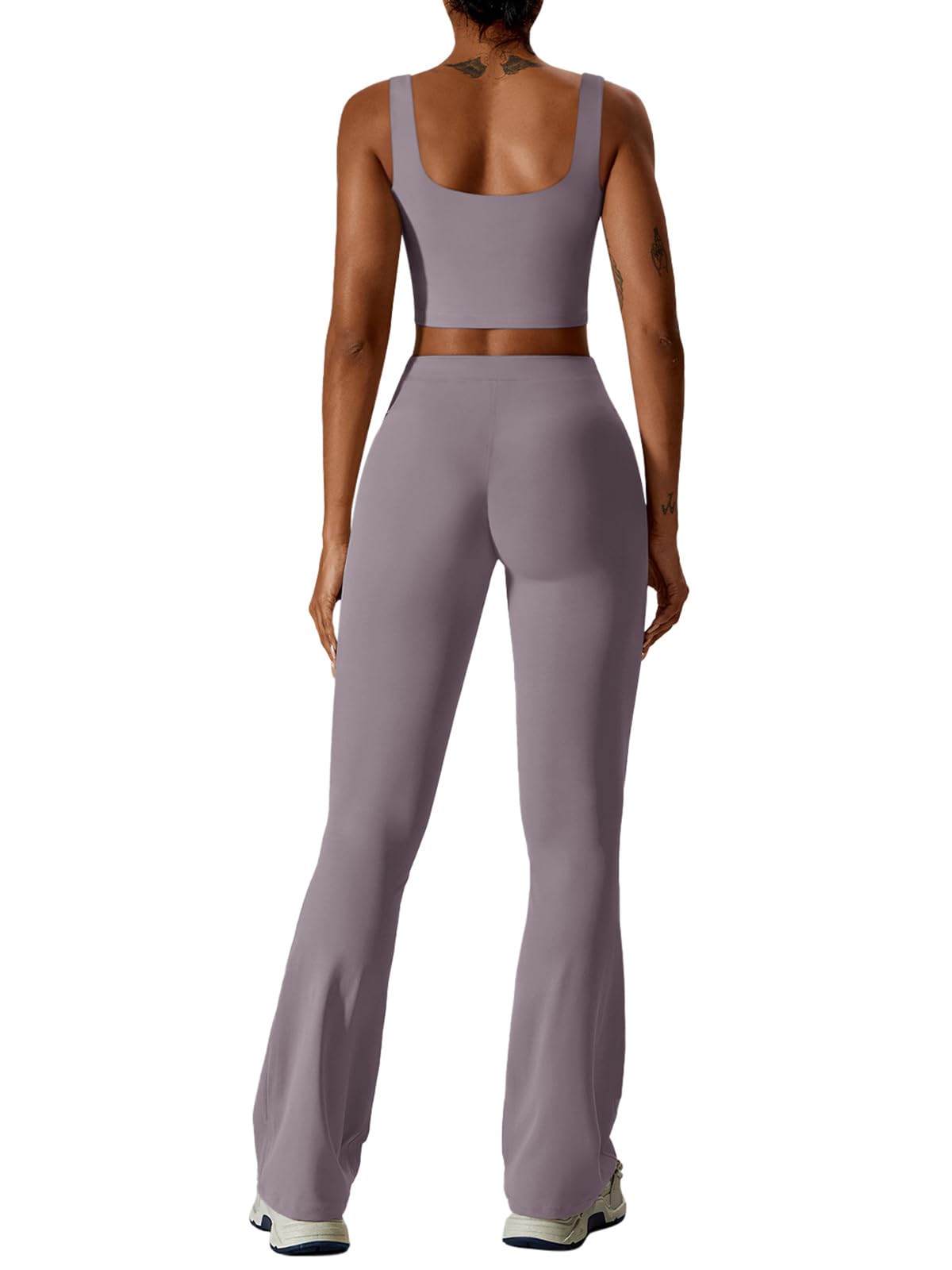 REORIA Women's 2-Piece Workout Set - V-Neck Crop Tank Top & High-Waisted Flare Leggings | Yoga, Gym, Lounge Wear for Women | Comfortable Athletic Outfit for Running, Pilates & Casual Wear