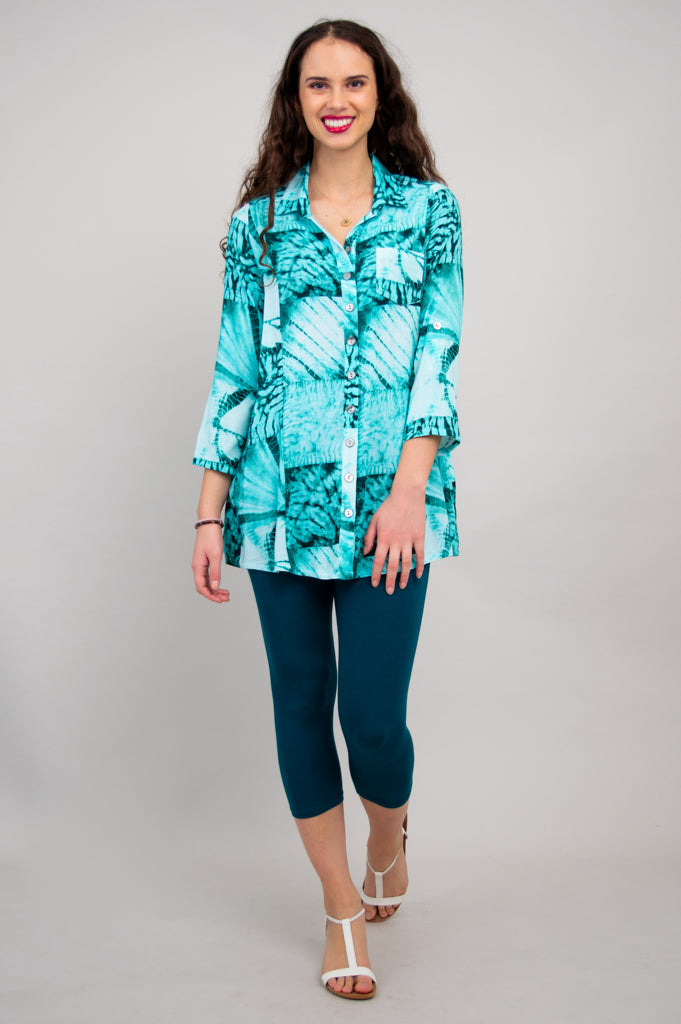 Celine Blouse - Shibori Print Linen Bamboo Blend Women's Top for Casual Wear & Summer Outfits