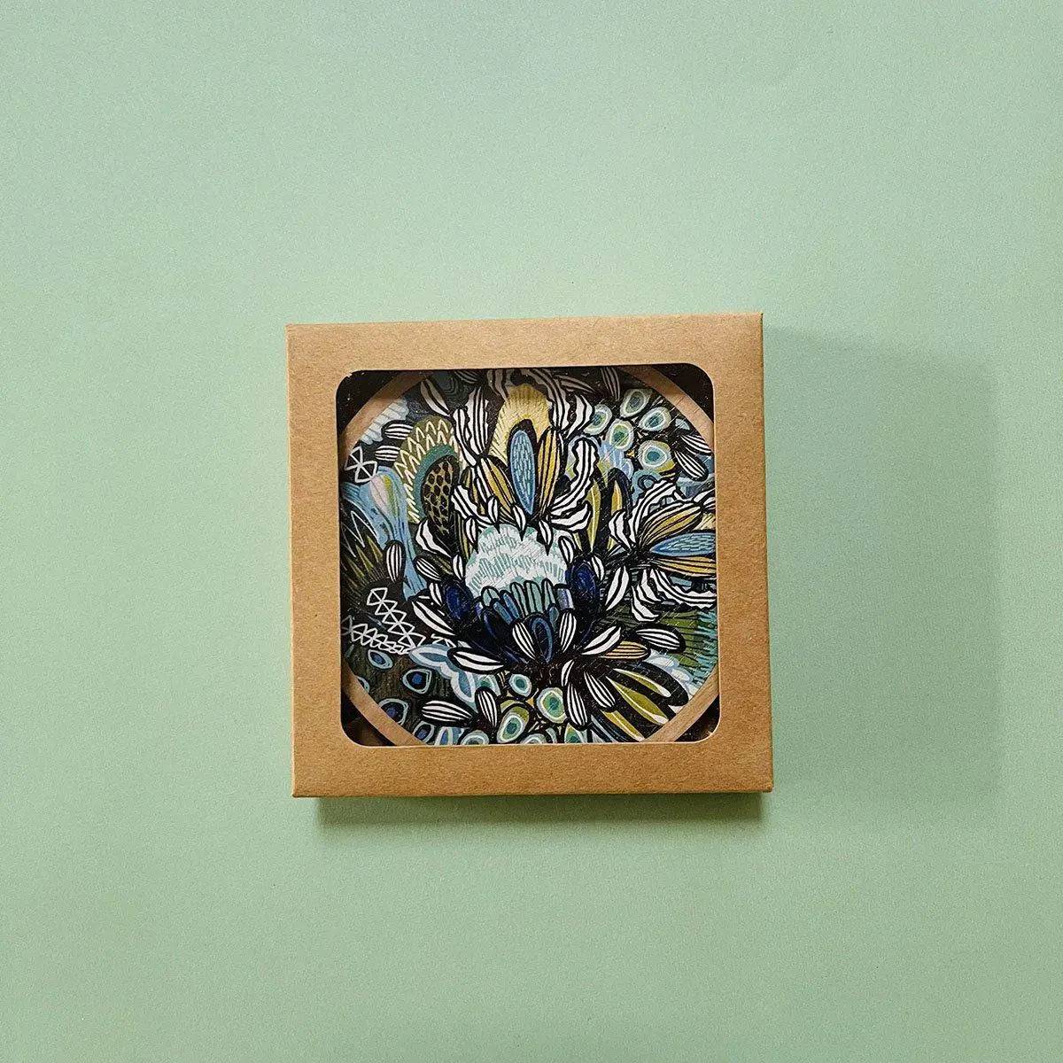 Premium Australian Wooden Coaster Set with Azure Proteas Design - Perfect for Home Decor, Coffee Tables, and Gift Giving