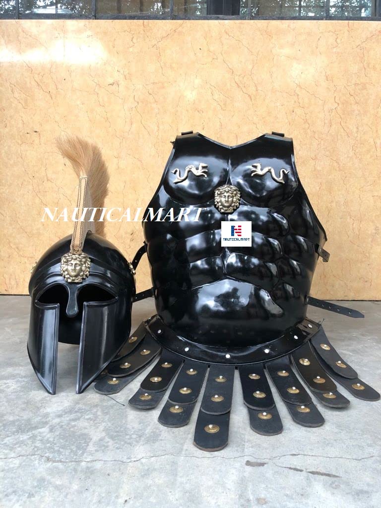 Greek Corinthian Helmet with Muscle Armor - Black Antique Finish - Spartan Warrior Costume, LARP, Cosplay & Historical Reenactment