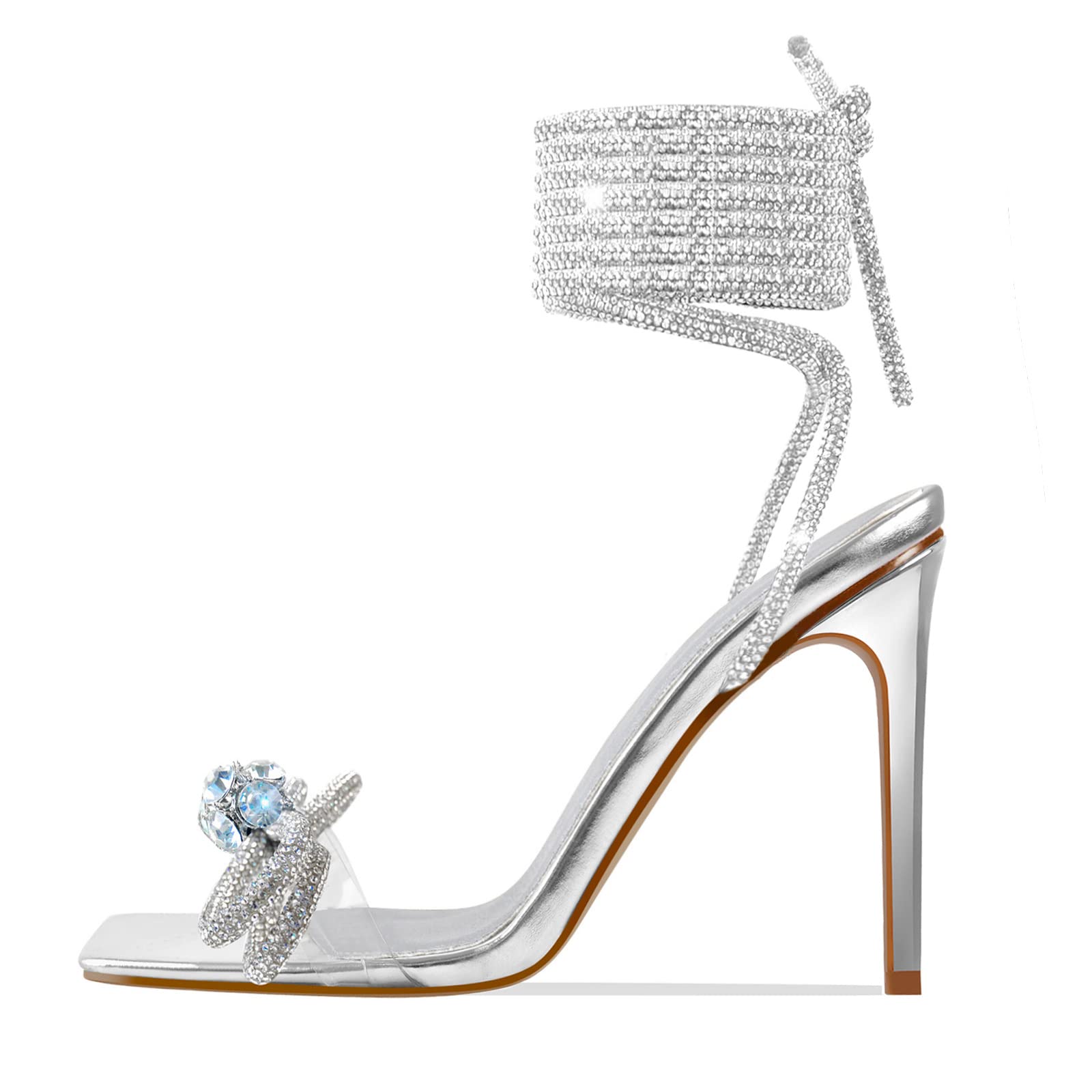 Yolkomo Women's Square Toe Clear Rhinestone Heels with Crystal Bow - Elegant Party Shoes for Weddings, Prom, Evening Events & Special Occasions
