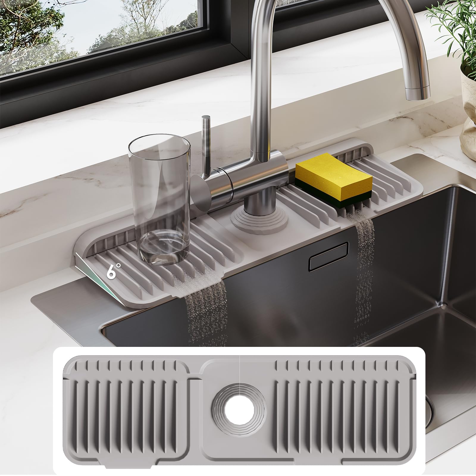 17.7 Inch Non-Slip Silicone Faucet Mat for Kitchen Sink - 6 Slope Splash Guard with Drain Holes & Secure Fastening Buttons - Gray - Perfect for Preventing Water Splashes and Protecting Countertops