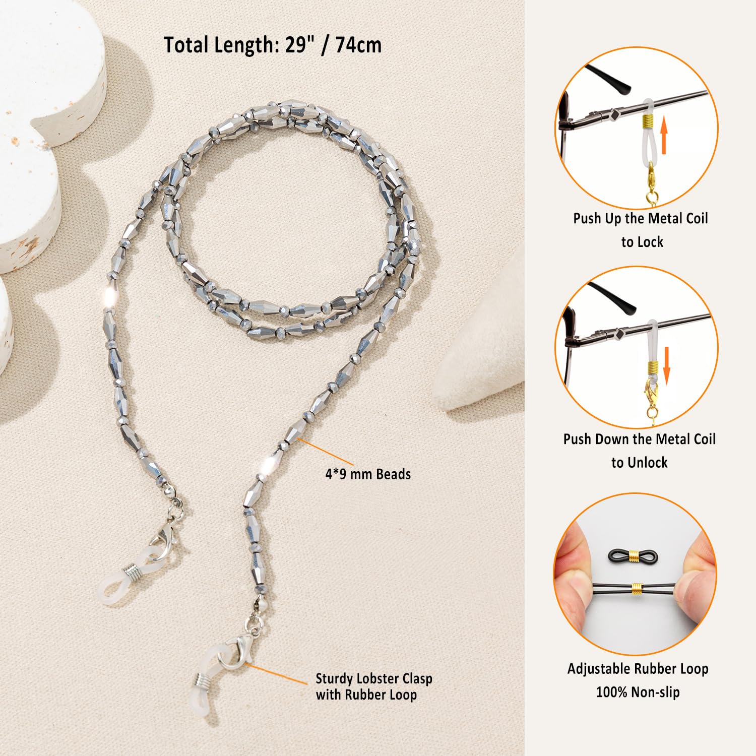 Crystal Beaded Eyeglass Chain for Women - Stylish Glasses Holder Necklace with Adjustable Length, Perfect for Reading, Driving & Fashion Accessories