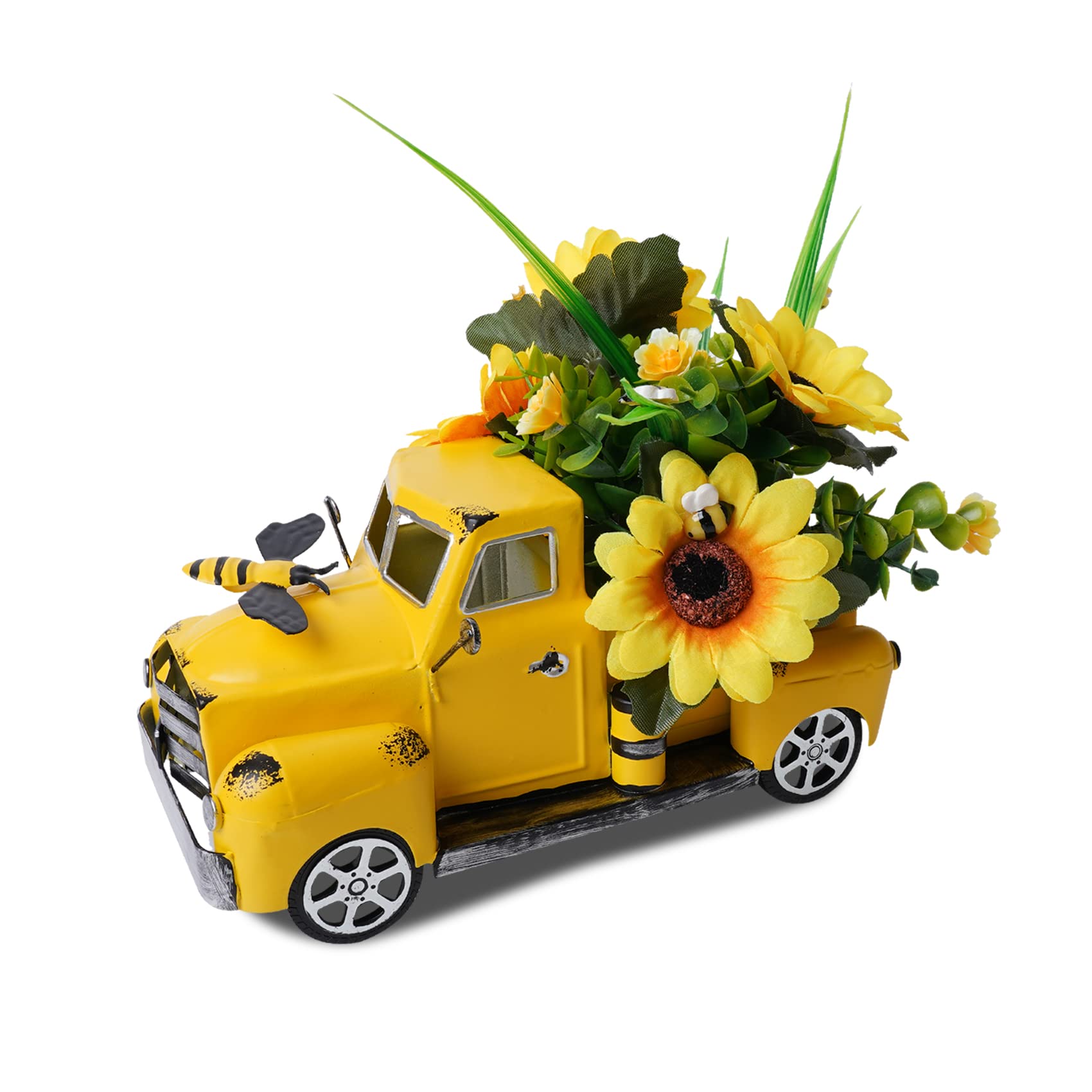 Vintage Metal Truck Decor with Sunflowers & Honey Bees - Rustic Farmhouse Fall Table Centerpiece for Living Room, Kitchen, Shelf Display | Perfect for Thanksgiving, Autumn Home Decor & Country Style Interior Design