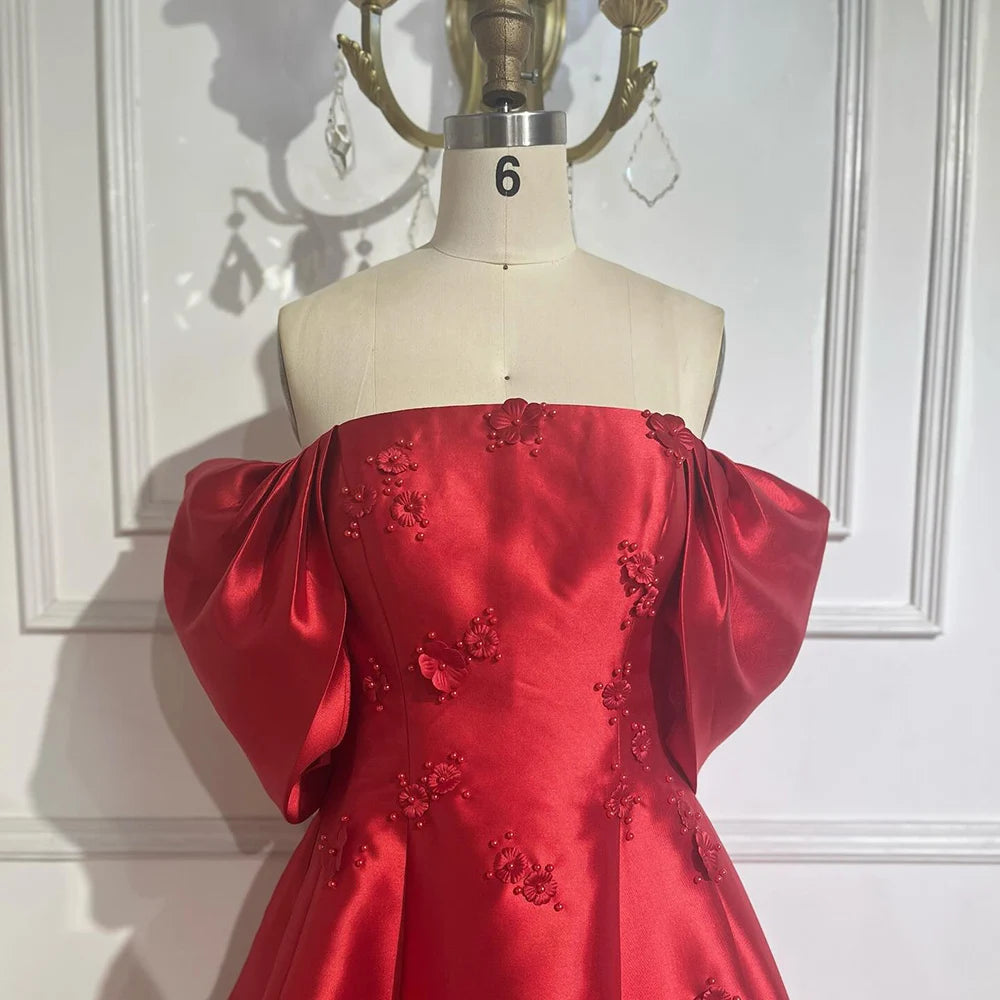 Elegant Off Shoulder Wine Red A-Line Evening Dress with Appliques - Luxury Dubai & Saudi Arabian Style Formal Gown LA72778 for Prom, Wedding & Special Occasions