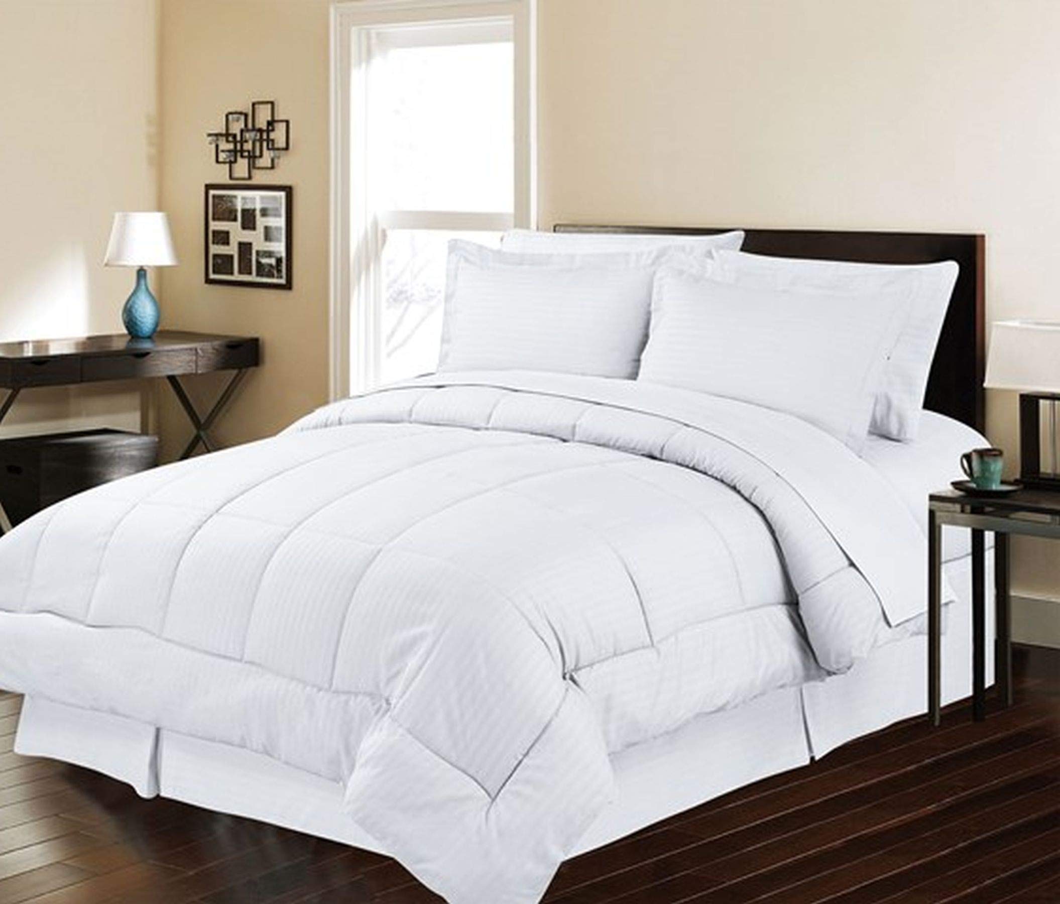 8-Piece Embossed Stripe Queen Size Bed in a Bag Set - White | Complete Luxury Bedding Collection for Master Bedroom & Guest Room Decor