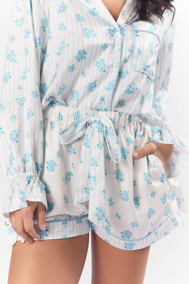 Blue Floral Satin Pajama Shorts for Women - Side Sleeper Comfort Sleepwear | Perfect for Lounging, Travel & Nighttime Relaxation