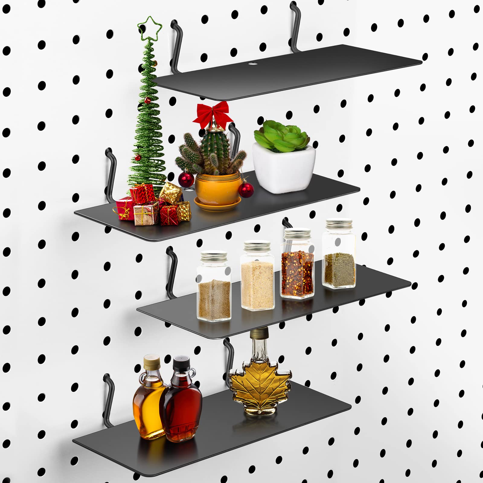 4 Pack Black Steel Pegboard Shelves & Brackets - 10 x 4 Inch Wall Organizer Trays for Craft Room, Garage, Kitchen, Nursery & Workbench - Durable Pegboard Accessories & Storage Solutions for Home Organization