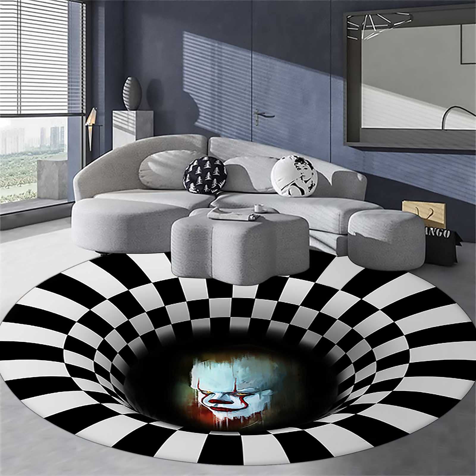3D Vortex Geometric Pattern Round Rug - Black & White Plaid Illusion Area Rug - Modern Polyester Anti-Slip Washable Circle Carpet - 140cm Indoor Floor Mat for Living Room, Bedroom, Dorm & Office Decor