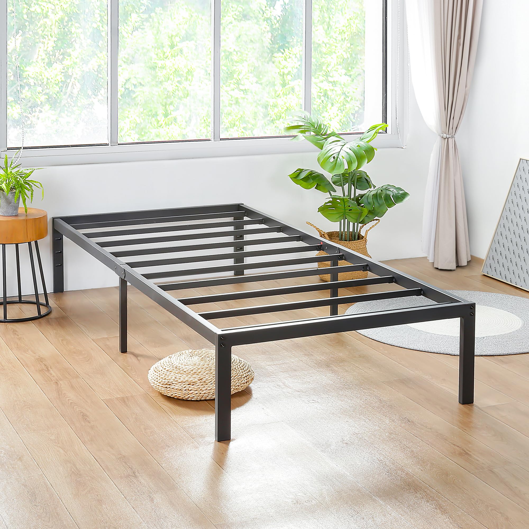 PrimaSleep 14 Inch Heavy Duty Steel Slat Anti-Slip Bed Frame - Noise Free Mattress Foundation with Maximum Storage, No Box Spring Needed - Twin Size Platform Bed for Small Spaces & Guest Rooms (Black)