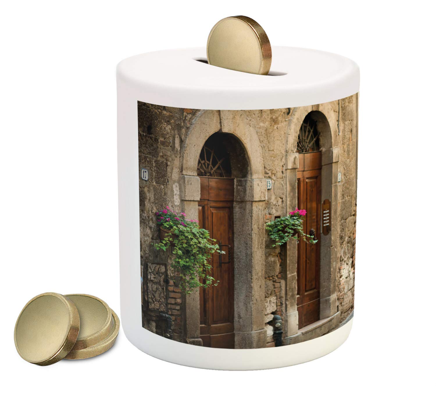 Ambesonne Italian Tuscany Landscape Ceramic Piggy Bank - Old Wine House Street Scene with Floral Details & Blurred Background | Money Saving Coin Bank for Cash & Coin Collection | Perfect Gift for Home Decor, Office Savings & Travel Souvenirs