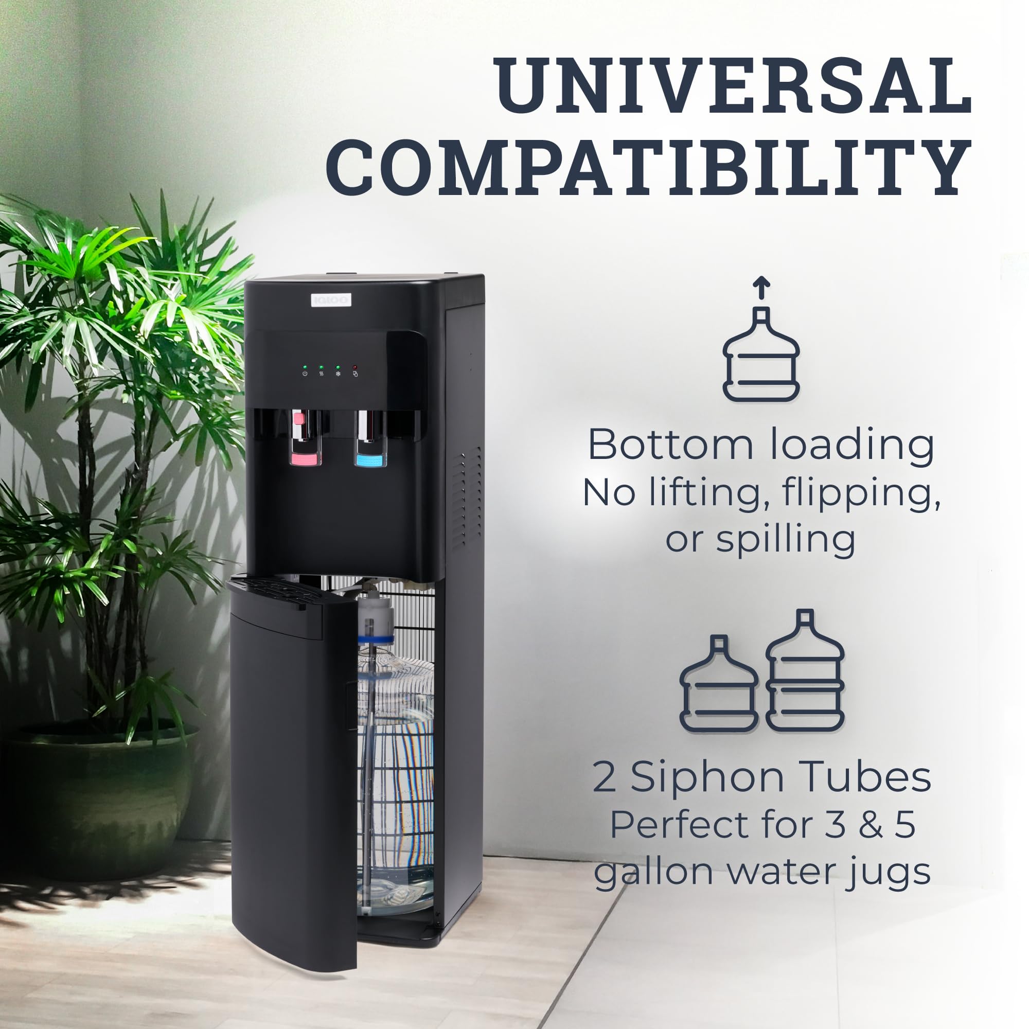 Igloo Hot and Cold Water Cooler Dispenser - 3/5 Gallon Bottle Capacity - Dual Temperature Spouts with Child Safety Lock - Bottom Loading Design (Black) - Perfect for Office, Home, and School Hydration