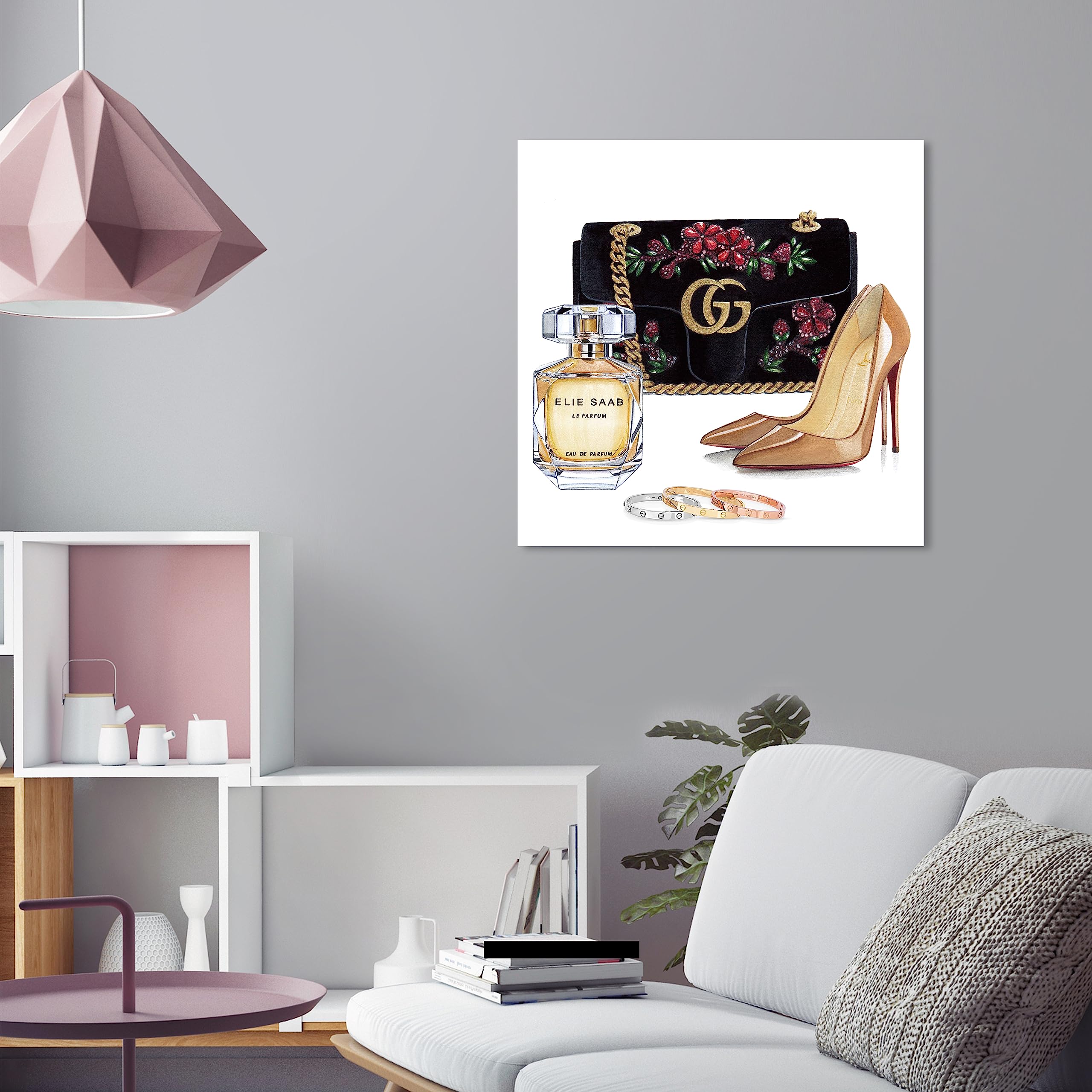 Oliver Gal Artist Co. 'Doll Memories - Perfume and Shoes' Fashion Wall Art Canvas Print - 24x24 Inch Black & Yellow Home Decor - Perfect for Living Room, Bedroom or Office Decoration