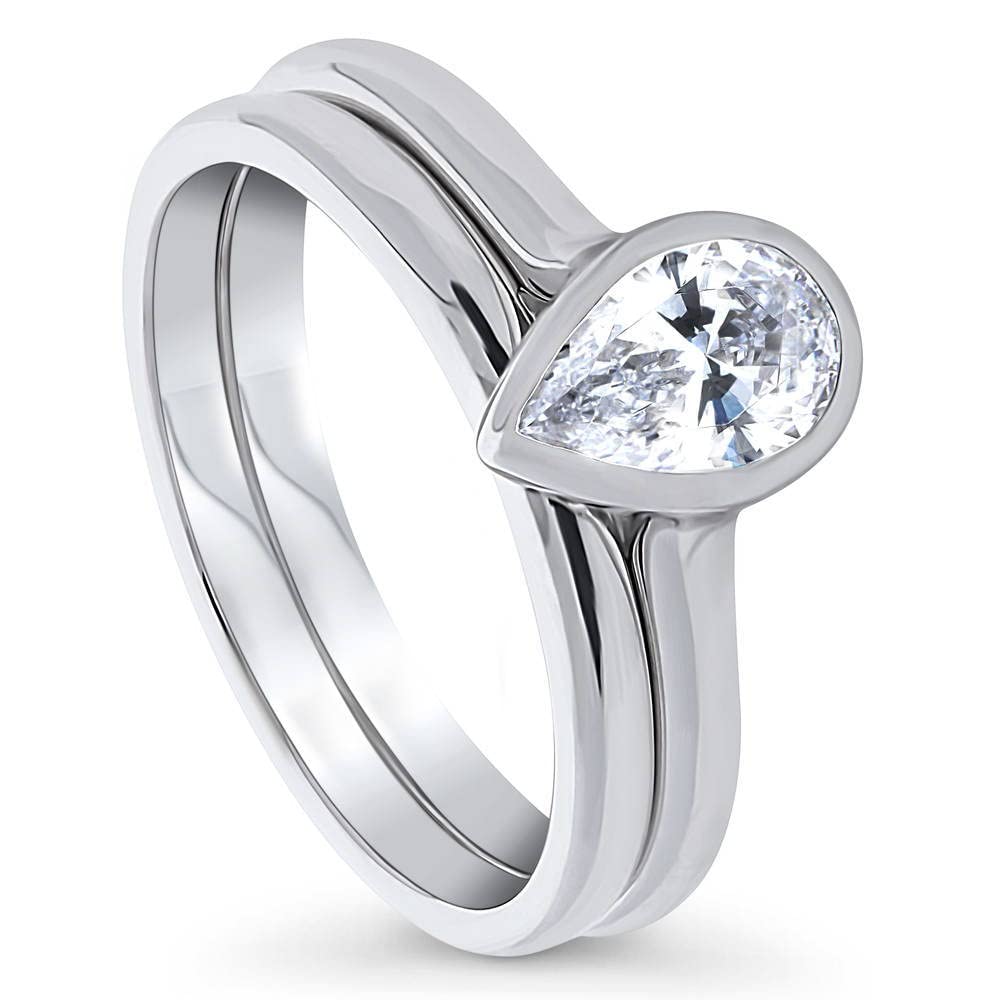 BERRICLE Sterling Silver Solitaire Wedding & Engagement Ring Set - 0.8ct Pear Cut Cubic Zirconia CZ Bezel Setting, Rhodium Plated Size 4-10 for Women | Perfect for Proposals, Anniversaries & Special Occasions