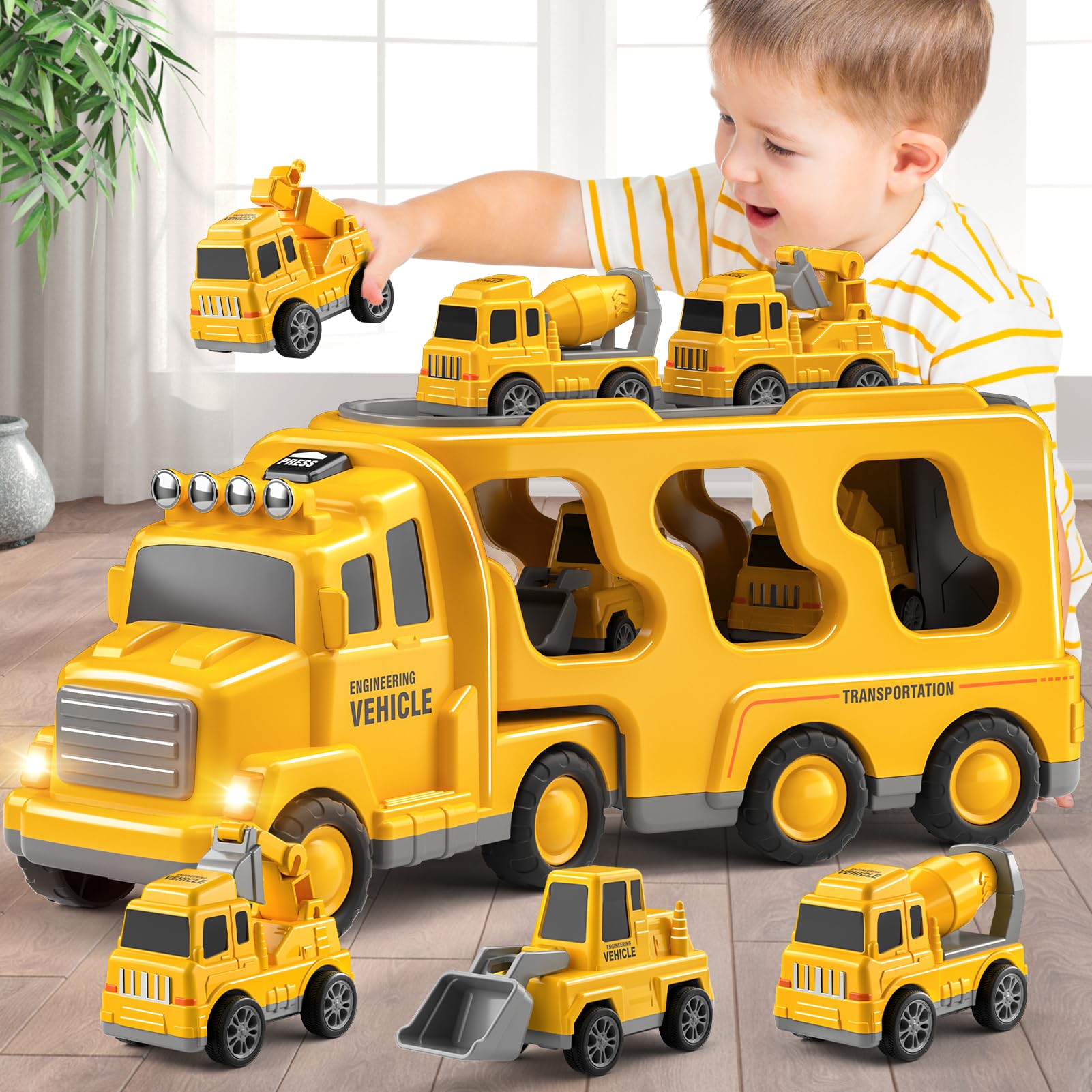 5 in 1 Construction Truck Toys Set with Lights & Sounds - STEM Learning Vehicles for Toddlers Boys Age 3-5 - Dump Truck, Excavator & More - Perfect Birthday Gift & Pretend Play for Preschoolers (Ideal for Sandbox Play & Construction Role-Playing)