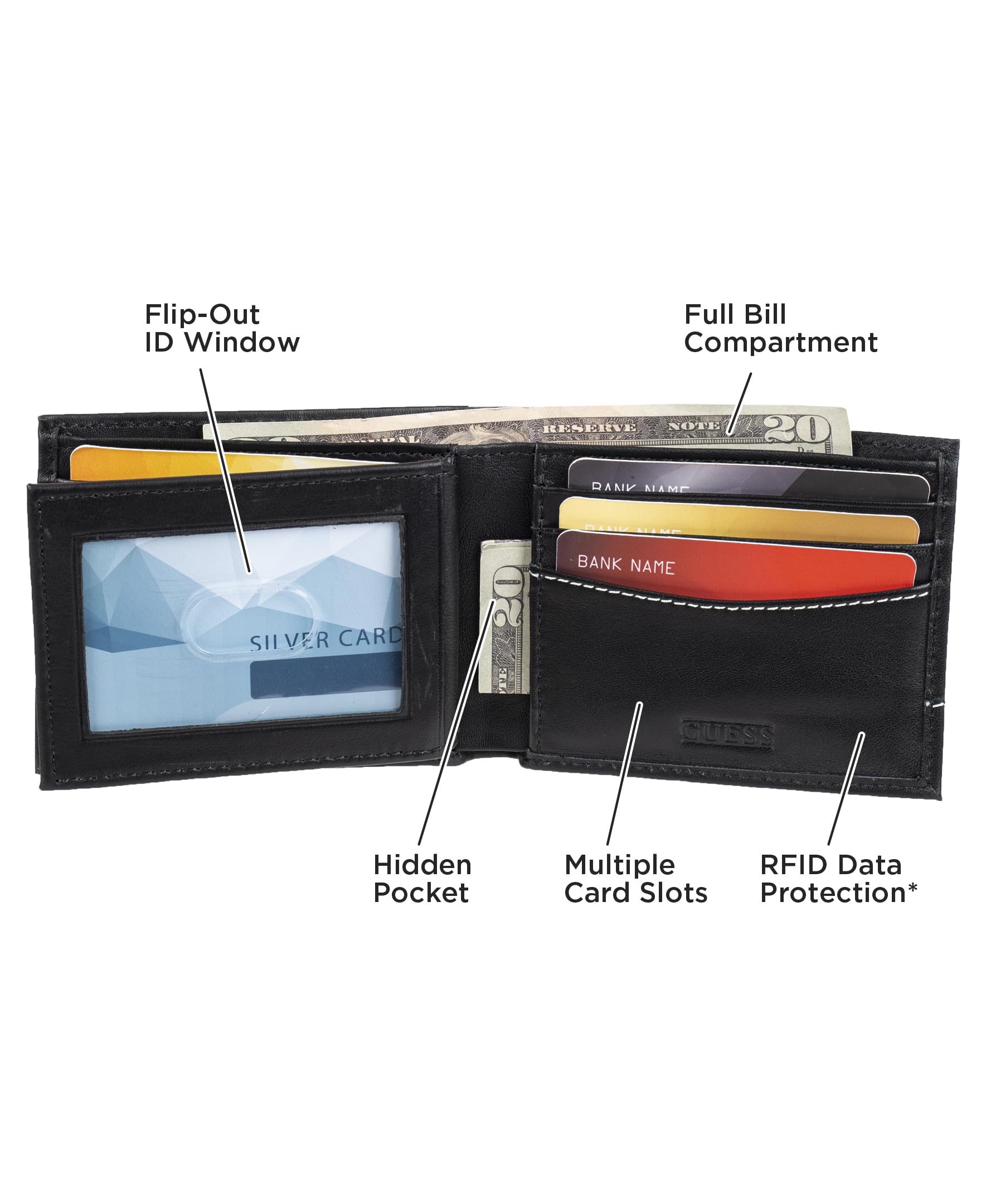 GUESS Men's Classic Bifold Leather Wallet with Multiple Card Slots, Bill Compartment & ID Window - Slim RFID Blocking Wallet for Everyday Use, Travel & Business