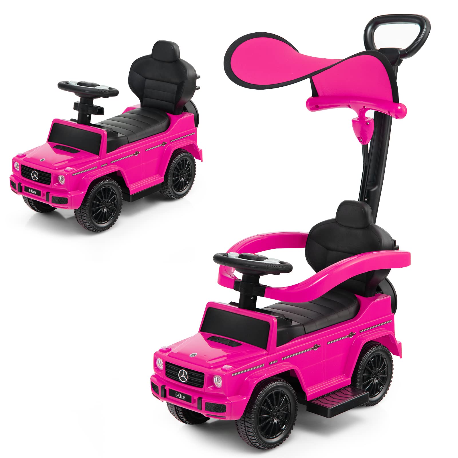 Costzon 3-in-1 Mercedes Benz Push Car for Toddlers - Convertible Stroller, Sliding Walker & Ride-On Toy with Canopy, Storage & Safety Features - Perfect for Outdoor Walks, Park Visits & Indoor Play (Pink)