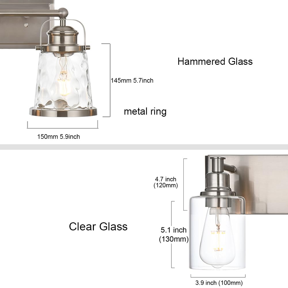 Modern 3-Light Bathroom Vanity Lighting Fixture with Hammered Glass Shades - Brushed Nickel Wall Sconce for Bedroom, Kitchen & Bathroom Mirror - Perfect for Makeup, Shaving & Task Lighting