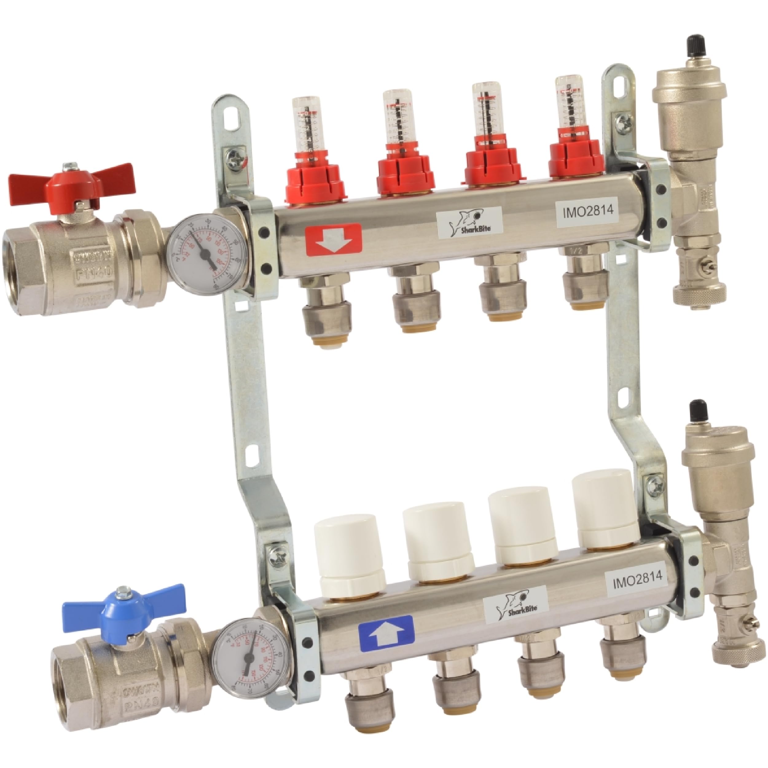 SharkBite 4 Loop Radiant Heating Manifold - Push to Connect Brass Plumbing Fitting for PEX Pipe & PE-RT (Model 24931) - Perfect for Hydronic Heating Systems & Underfloor Heating Installations